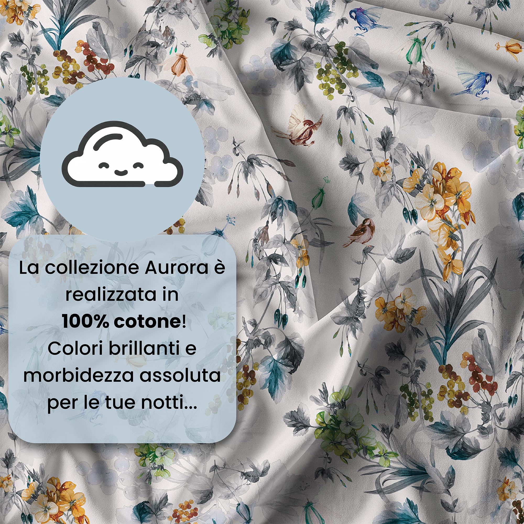Italian Bed Linen Parure Copripiumino Matrimoniale Aurora - 100% Cotone - Made in Italy - Sacco 250x200 cm + 2 Federe - FLORA