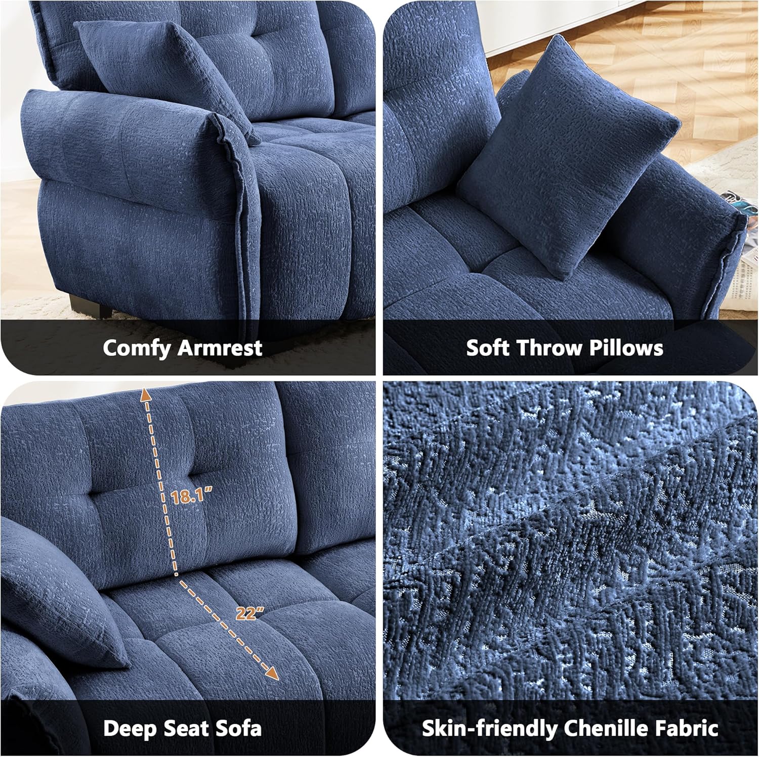 Modern Modular Sectional Sofa, 78.7" Comfy Deep Seat 2-Seater Sofa Oversized Loveseat Sofa, Upholstered Tufted Chenille Sofa with 2 Throw Pillows for Living Room Bedroom Apartment, Blue