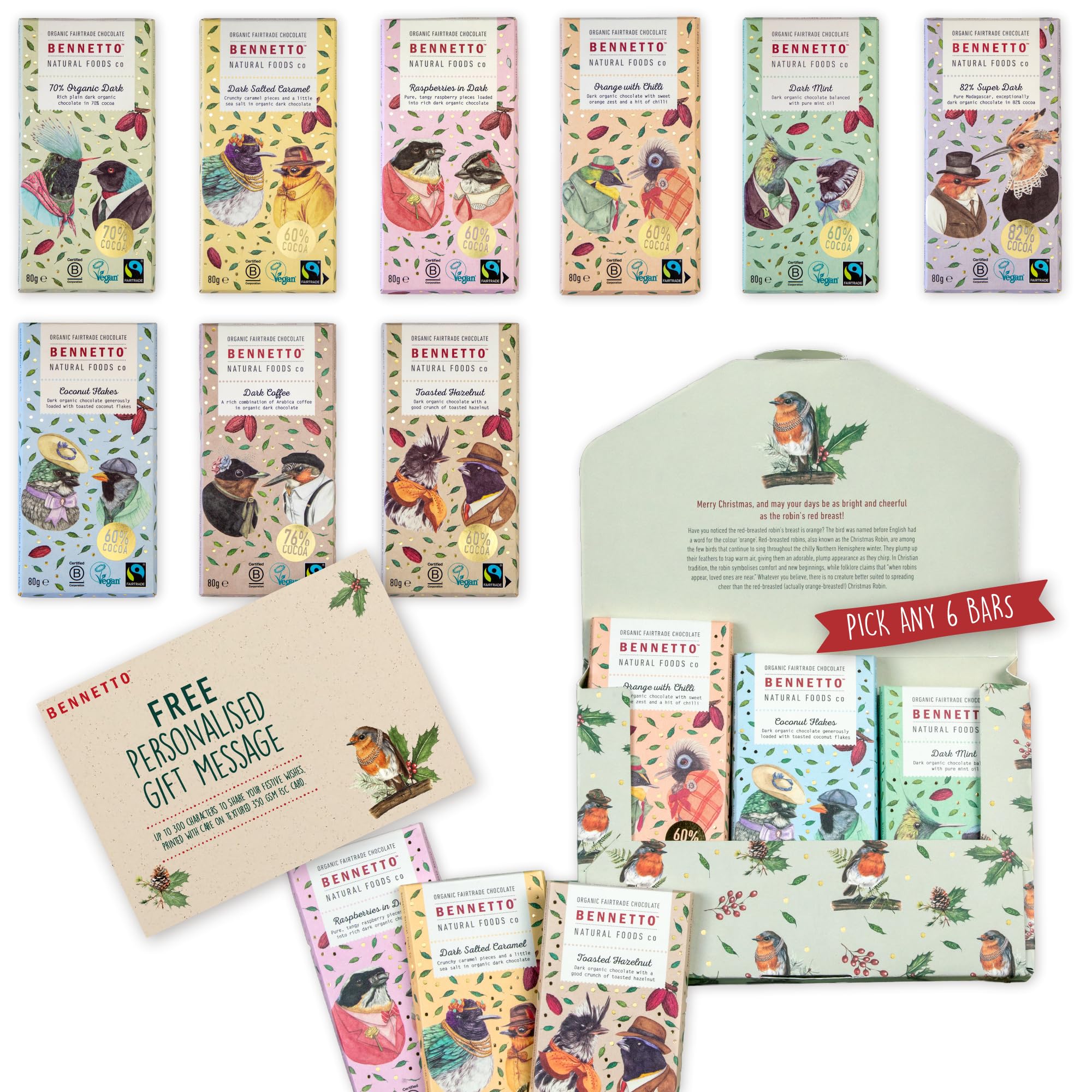 Limited Edition - Christmas Themed Gift Pack - Bennetto Organic Dark Chocolate gift selection box. Choose any 6 flavours. optional FREE personalised message.