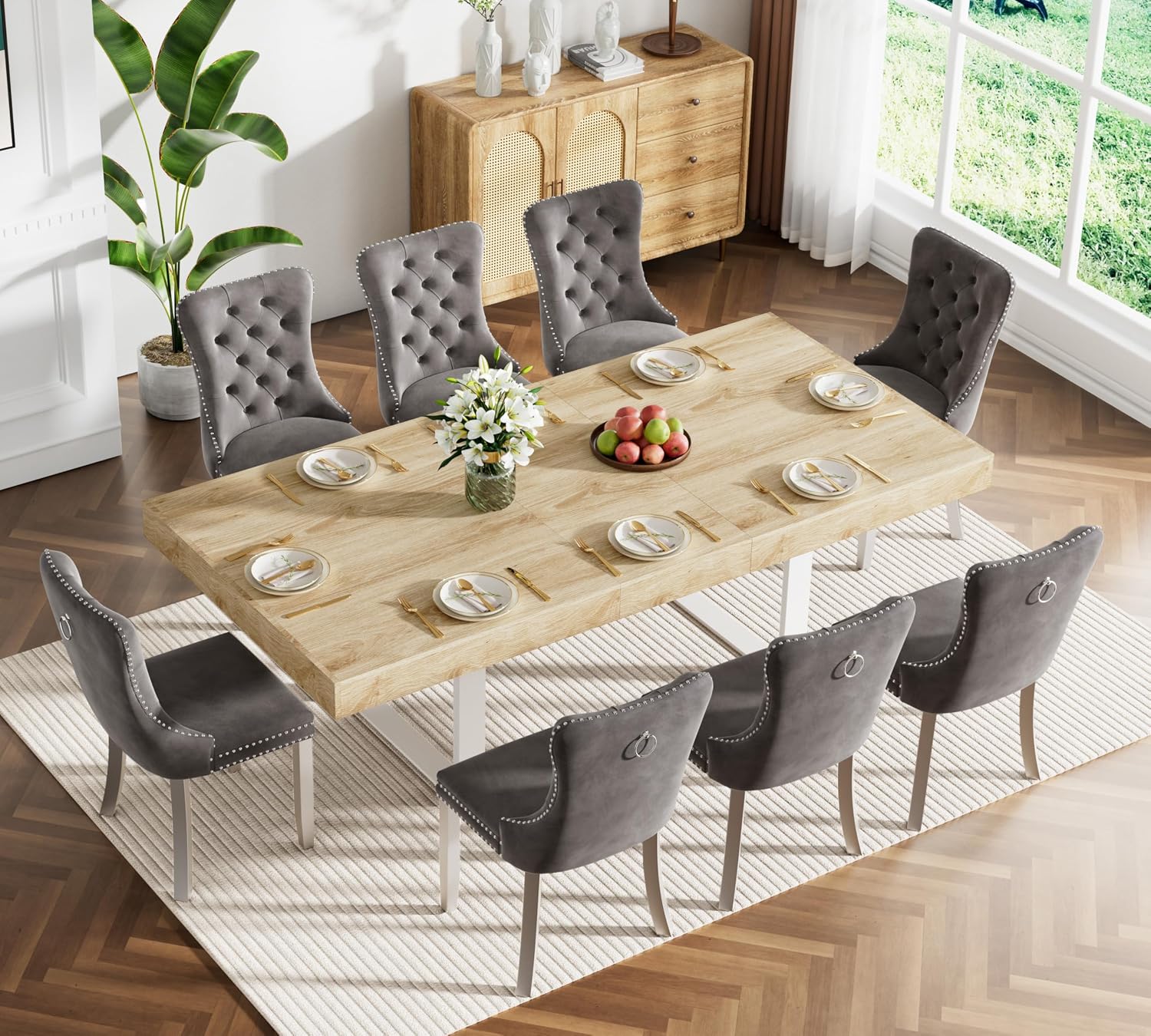 Goujxcy 9-Piece Extendable Dining Table Set for 8, 63-78.7 Inch Oak Wood Kitchen Table Set with 8 Grey Tufted Chairs Farmhouse Expandable Dining Room Table Set 8 for Kitchen Dining Room