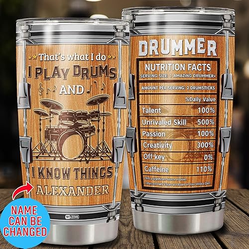 Miniatura 2 de Vaso de acero inoxidable personalizado con datos nutricionales de baterista, 20 onzas, 30 onzas, nombre personalizado, con texto "I Play Drums And I
