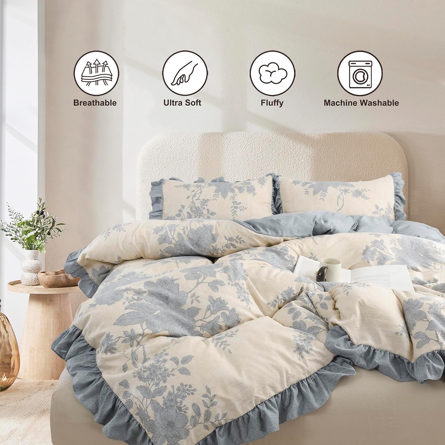 Oli Anderson King Comforter Set, Ruffle Floral Bedding Set, 5 Pieces, Blue | Vintage Botanical Print, Farmhouse Cottagecore, Soft Lightweight Flowers Comforter, All Season, Pillowcases & Pillows