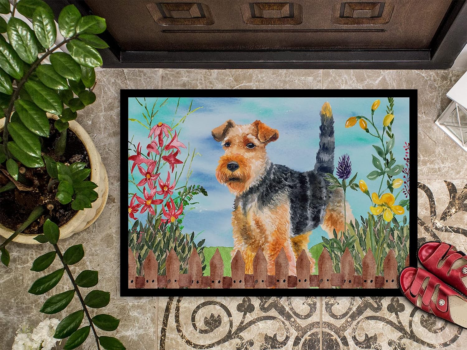 Caroline's Treasures CK1262MAT Welsh Terrier Spring Doormat 18x27 Front Door Mat Indoor Outdoor Rugs for Entryway, Non Slip Washable Low Pile, 18H X 27W