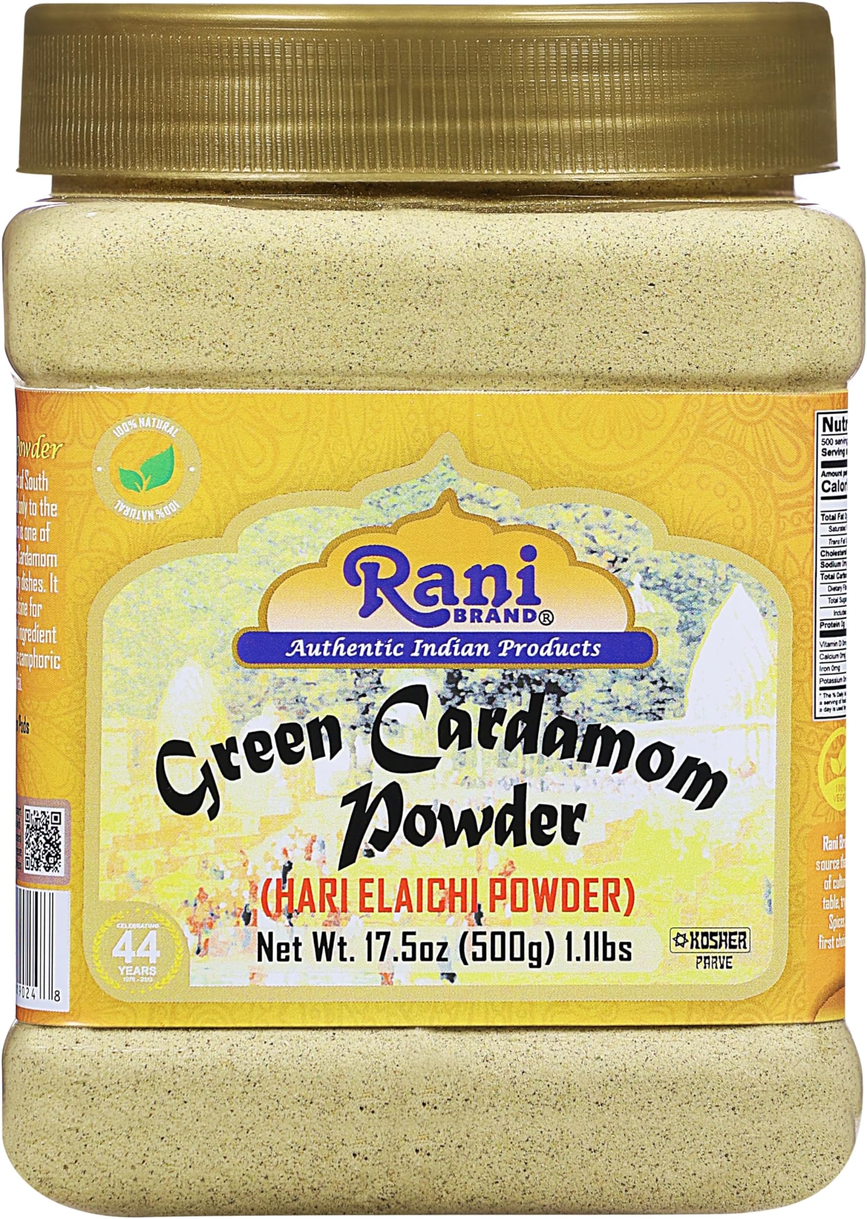 Rani Green Cardamom Pods Powder, Ground with Green Husks (Hari Elachi) 17.5oz (1.1lbs) 500g PET Jar ~ All Natural | Vegan | Gluten Friendly | Non-GMO | Kosher | Product of India