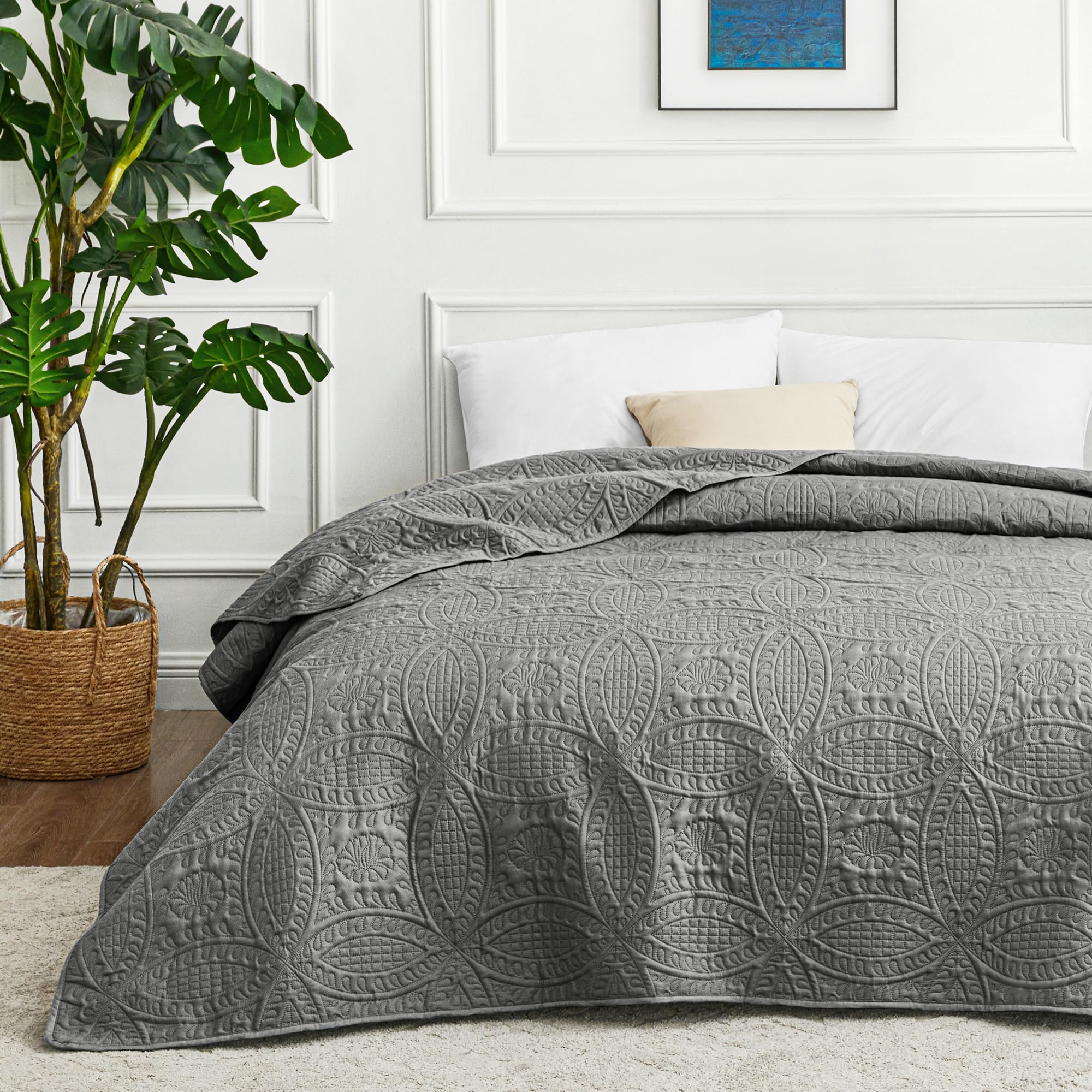 Love's cabin Tagesdecke 200x220 Grau, Weiche Bett Quilt Leichte Mikrofaser Tagesdecken Bettüberwurf 200x220, Moderne Bedspread mit Münzmuster für alle Jahreszeiten (ohne Kissenbezug)