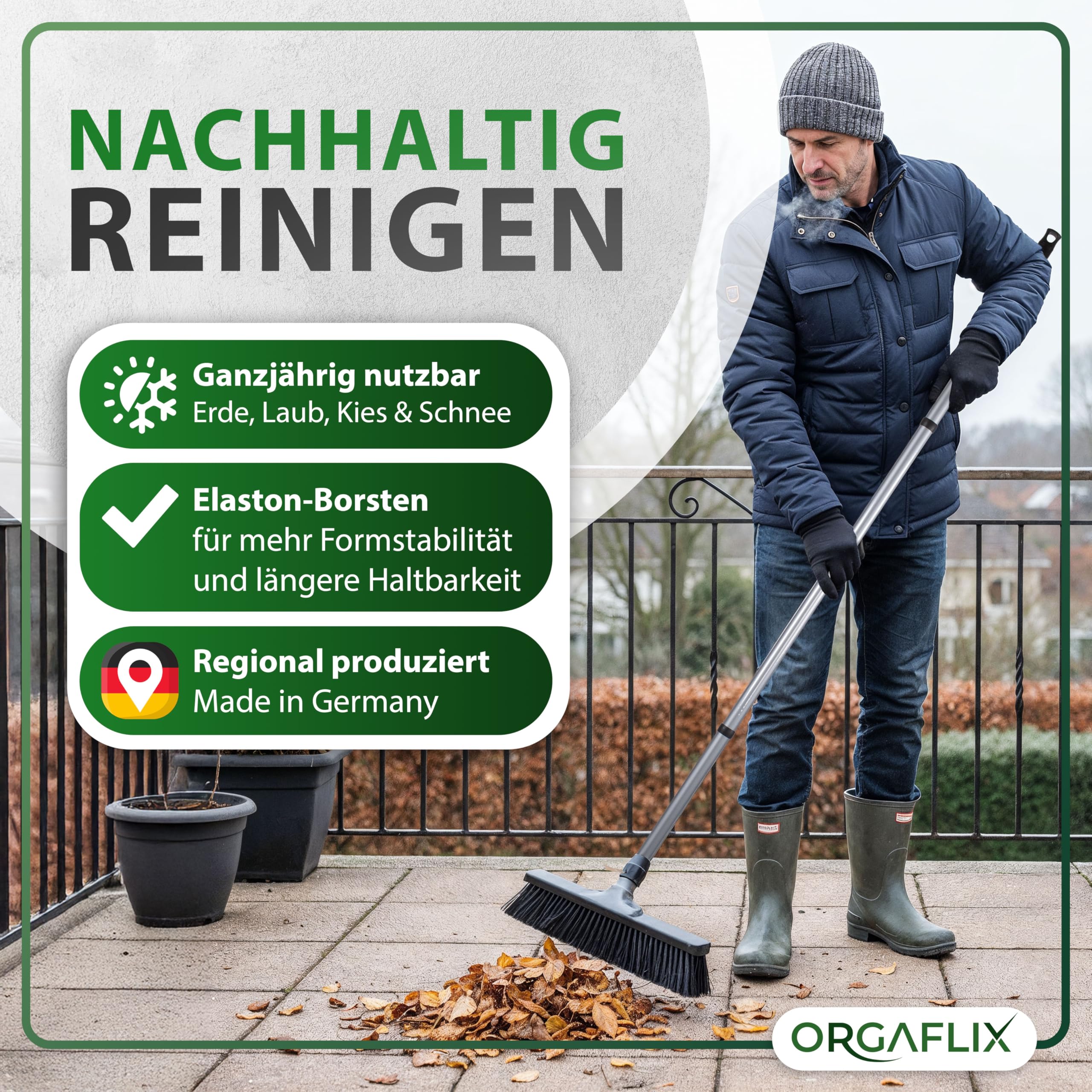ORGAFLIX Scopa stradale con manico 40 cm, scopa da cortile e terrazza con setole dense in elaston, manico regolabile 60-130 cm, robusta e durevole, made in Germany & Italy
