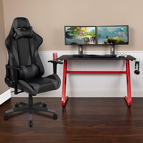 Miniatura 283 de Flash Furniture Juego de escritorio para juegos negro y silla de carreras blanco/negro con soporte para tazas, gancho para auriculares y soporte