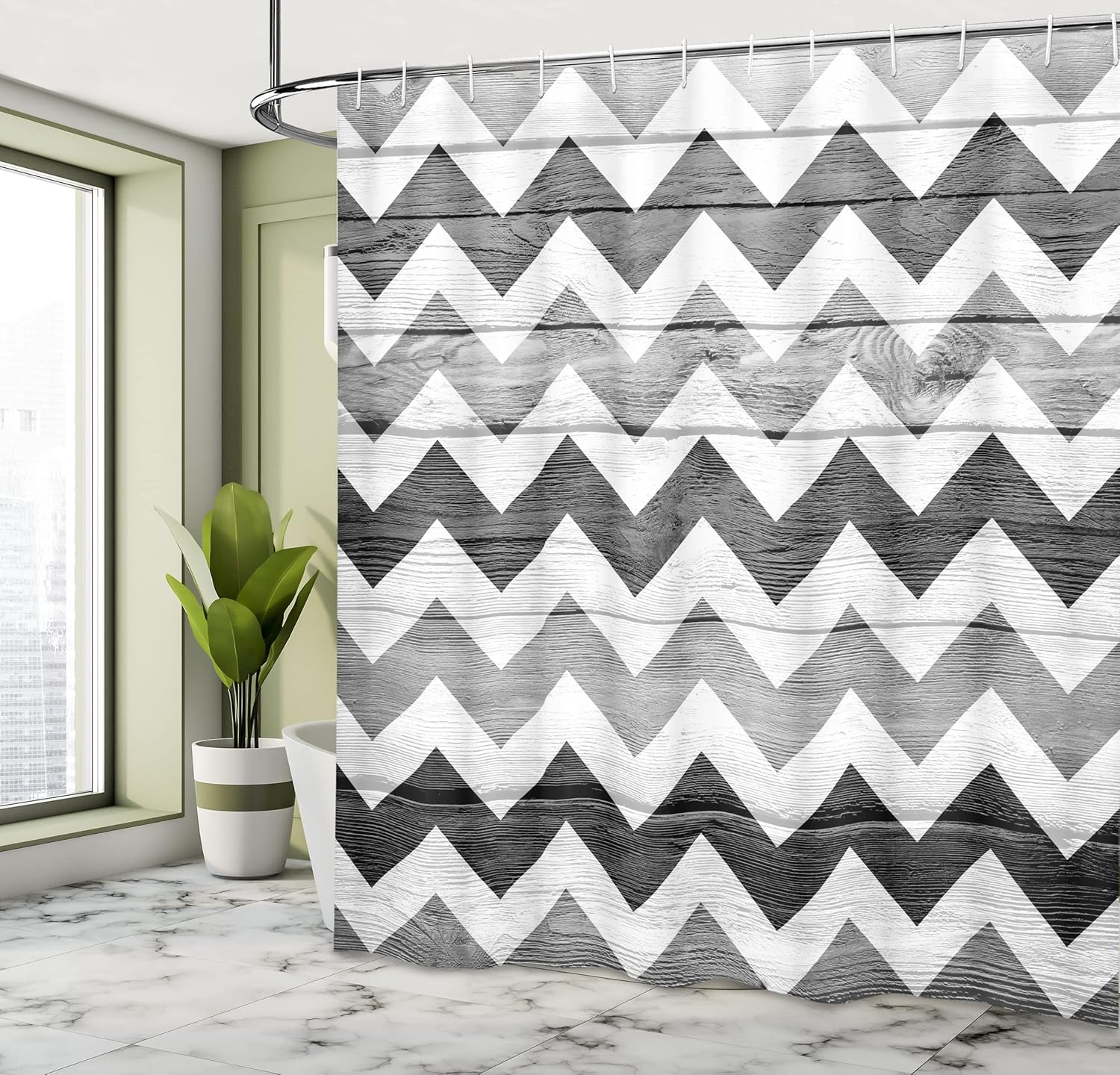 Ambesonne Chevron Shower Curtain, Zig Zag Lines Pattern on Wooden Texture Background Rustic Home Print, Cloth Fabric Bathroom Decor Set with Hooks, 69" W x 70" L, Grey WhiteSmoke