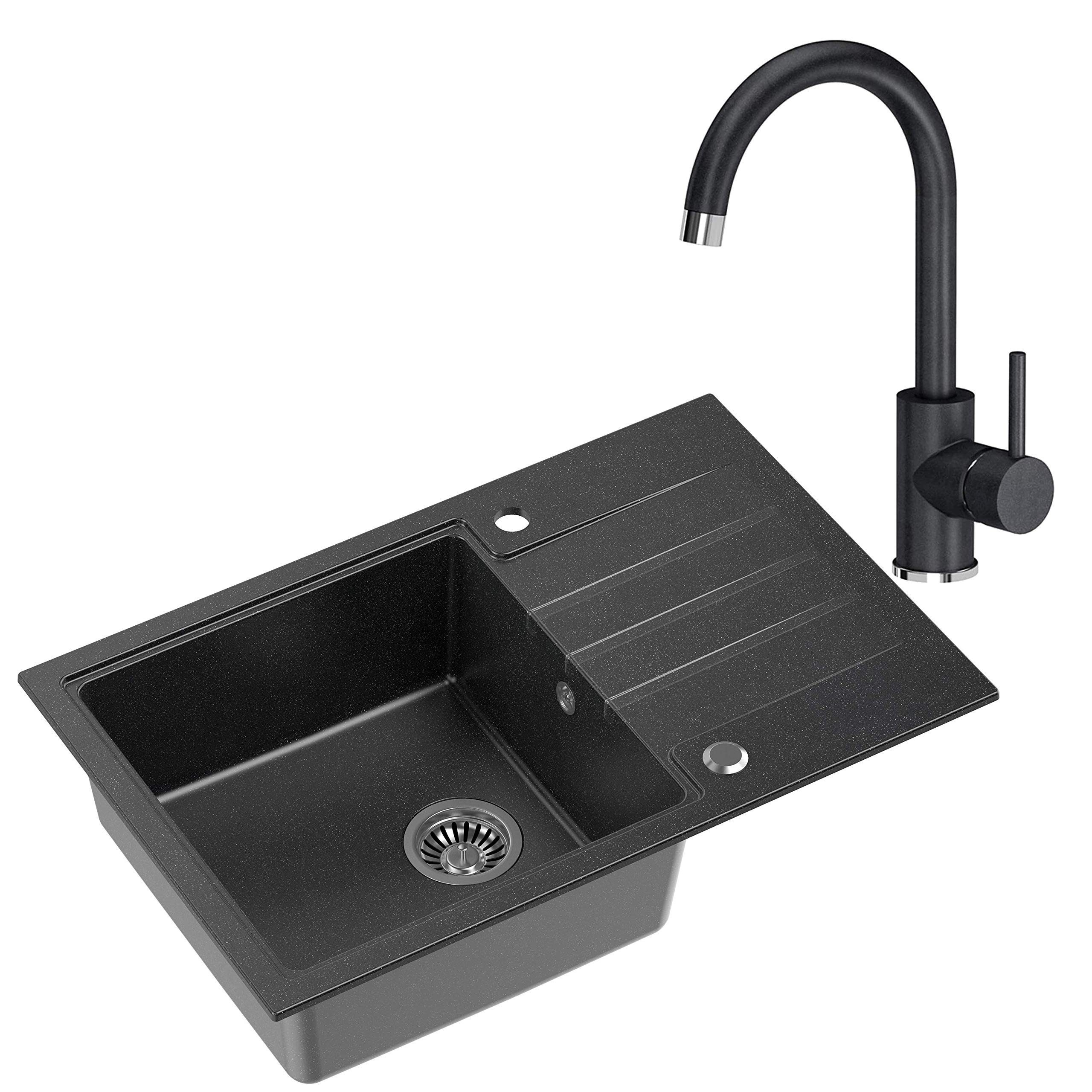 VBChome Spüle mit Armatur 78 x 50 cm Tiefes Becken 20cm Schwarz Küche Große Abtropfflache Unterschränke ab 55 cm Einbauspüle Verbundspüle Küchenspüle Einzelbecken + Siphon Wasserhahn