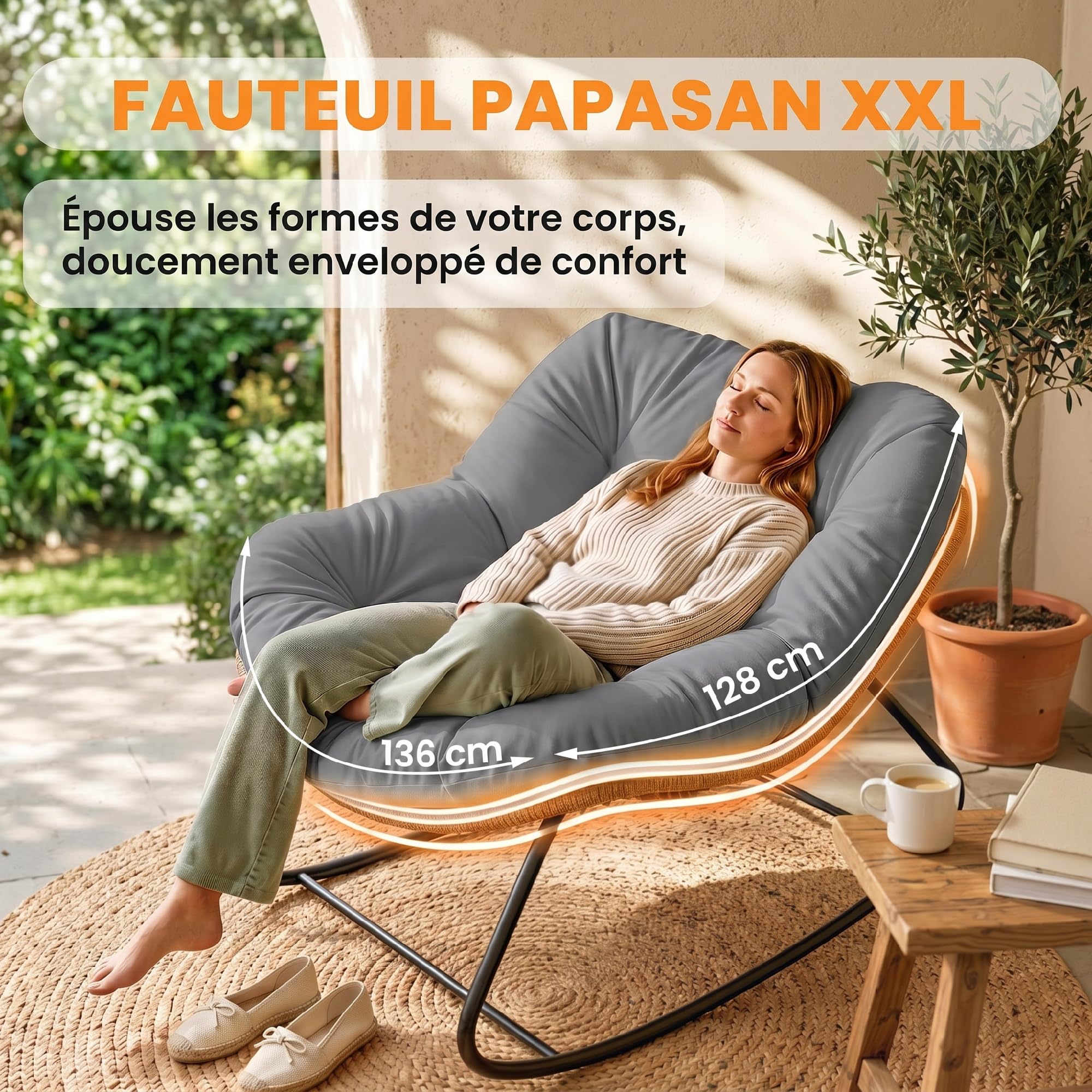 Outsunny Fauteuil à Bascule Papasan, Fauteuil à Bascule Intérieur Extérieur en Résine Tréssée avec Coussin, Chaise Ovale rembourrée en Rotin pour Salon, Jardin, Patio, Balcon, Gris