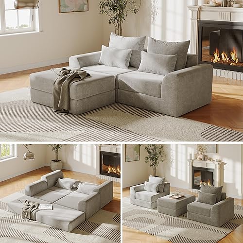 Modular loveseat with Ottoman, L-Shape Boneless Couch, Customizable Sectional Couch, Free Combination Design Sleeper Sofa, Stone Echo