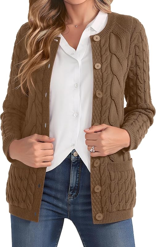 VIISHOW Women Cable Knit Cardigan Sweater Crew Neck Button up Cardigan with Pocket Sweater Coat for Fall and Winter