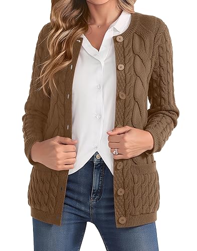 Women Cable Knit Cardigan Sweater Crew Neck Button up Cardigan