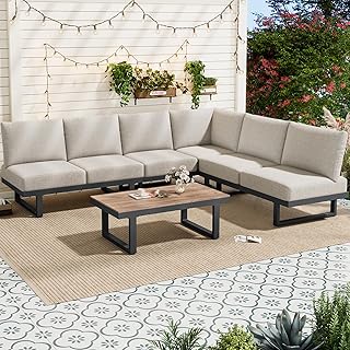 Gartenmöbel Set Lounge Möbel Outdoor für 5-6 Personen, Terrassenmöbel Balkon Möbel Ecksofa Set mit Gartensofa und Couchtisch, Sitzgruppe Outdoor Gartenlounge Set mit Sitzkissen, Graubeige