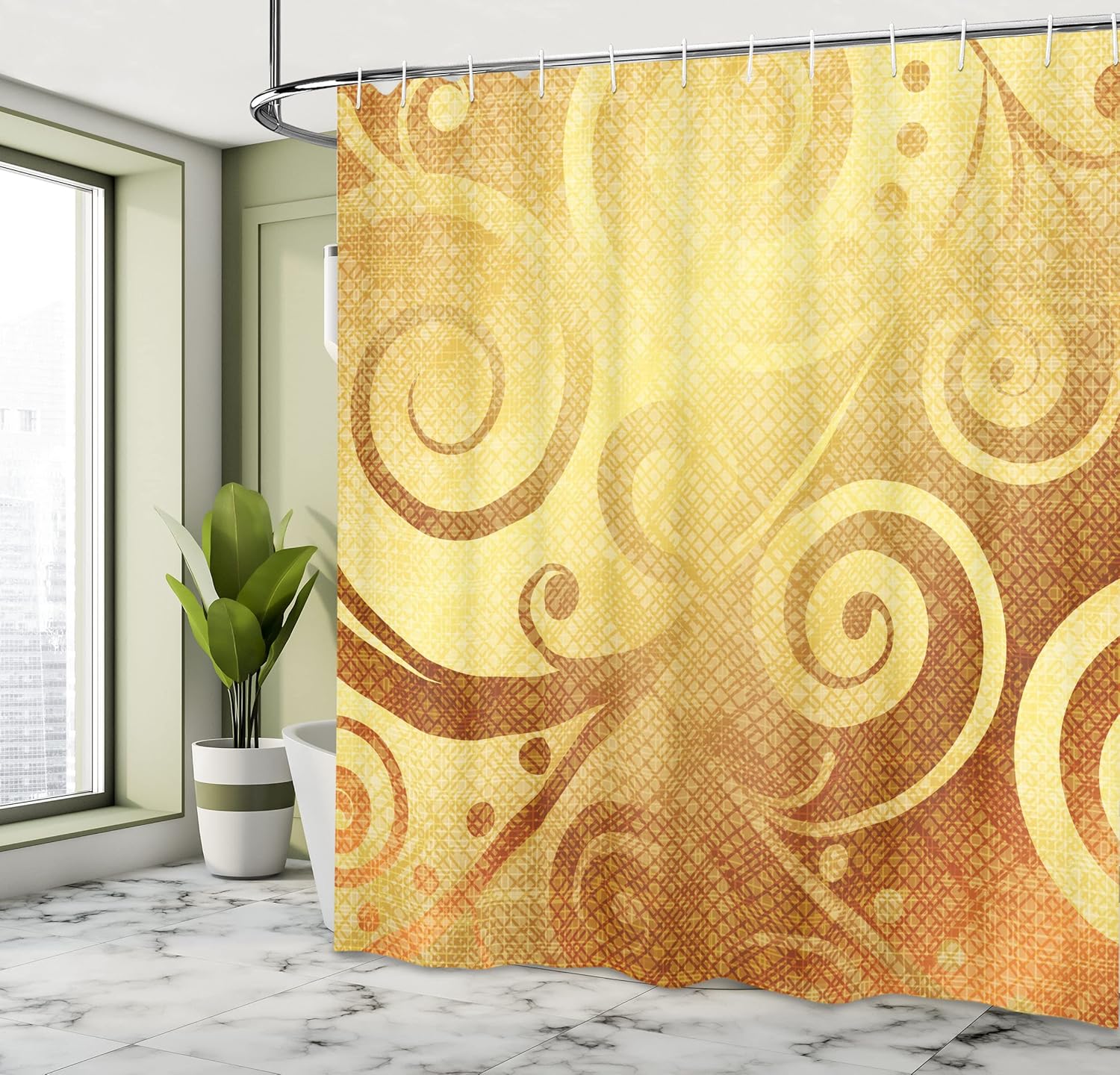 Ambesonne Modern Shower Curtain, Vector Canvas Design Floral Swirls Leaves Spring Nature Inspired Image, Cloth Fabric Bathroom Decor Set with Hooks, 69" W x 70" L, Yellow Gold
