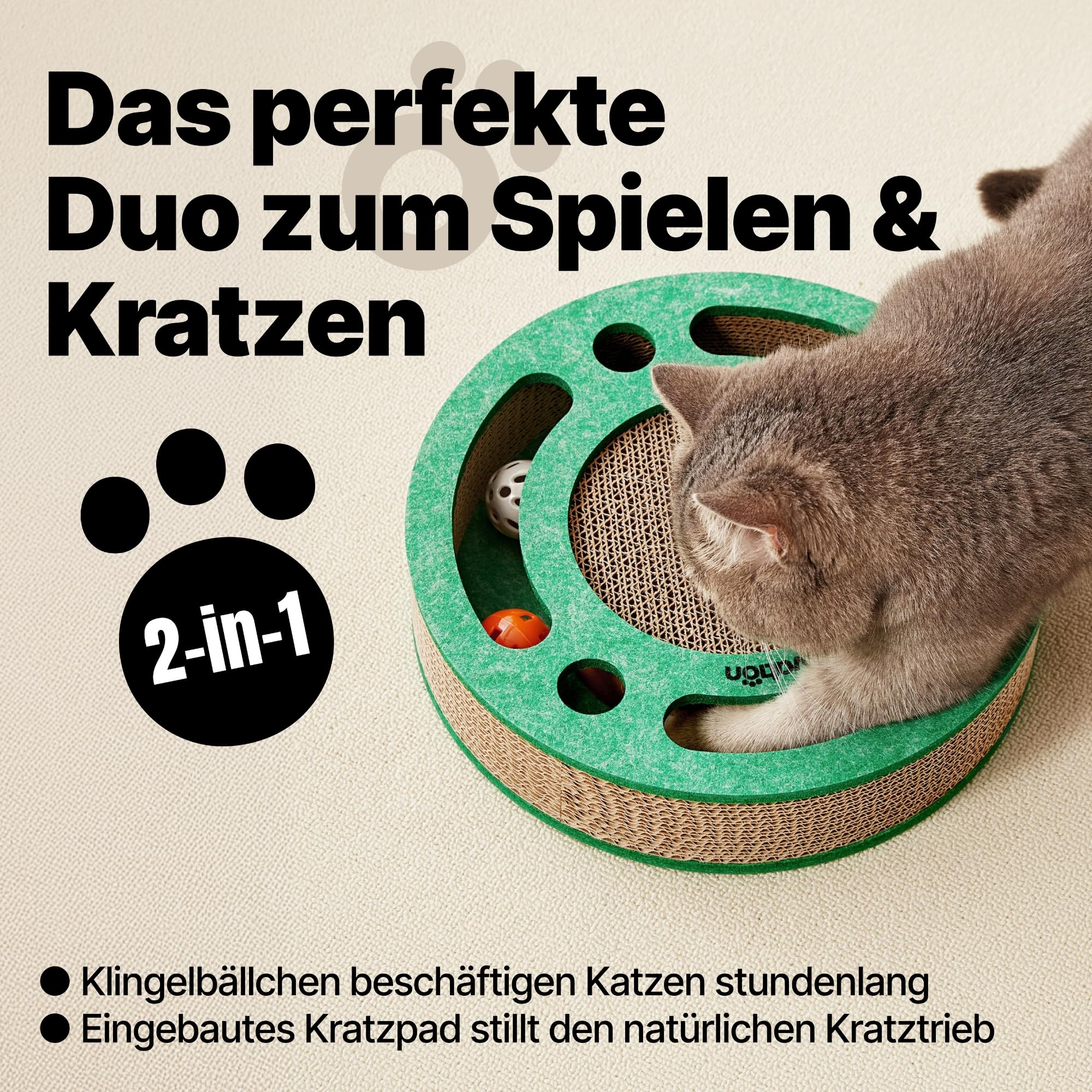 Kratzbrett mit Ballbahn und Glockenbällen – Interaktives Katzenspielzeug, Kratzpappe für Katzen mit Katzenminze, Kratzmatte aus Wellpappe, Katzenzubehör (Orange)