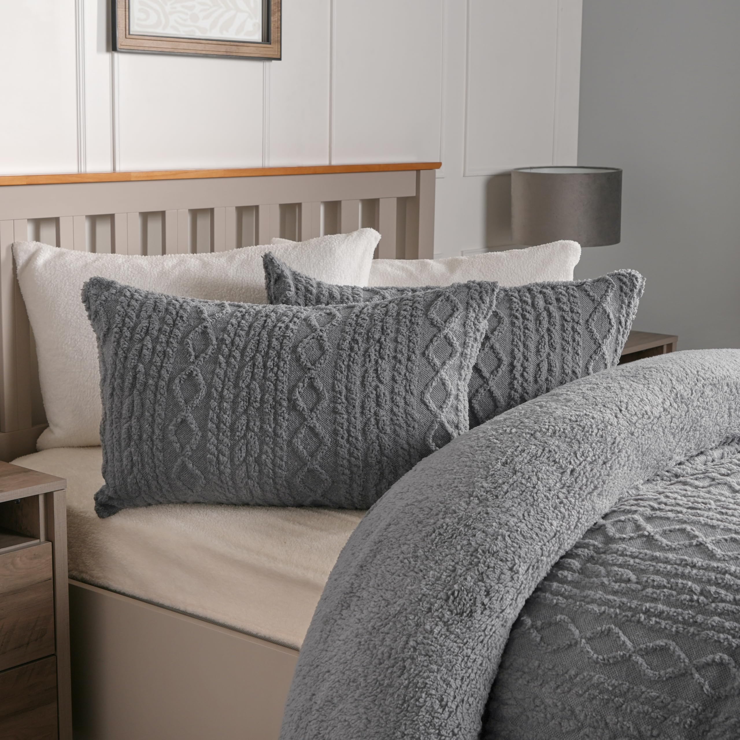 OHS Cable Knit Duvet Cover, Teddy Fleece Quilt Cover Single Warm Winter Bedding Christmas Duvet Set Sherpa Reverse with Pillowcases Super Soft Cosy Quilt Covers - Grey