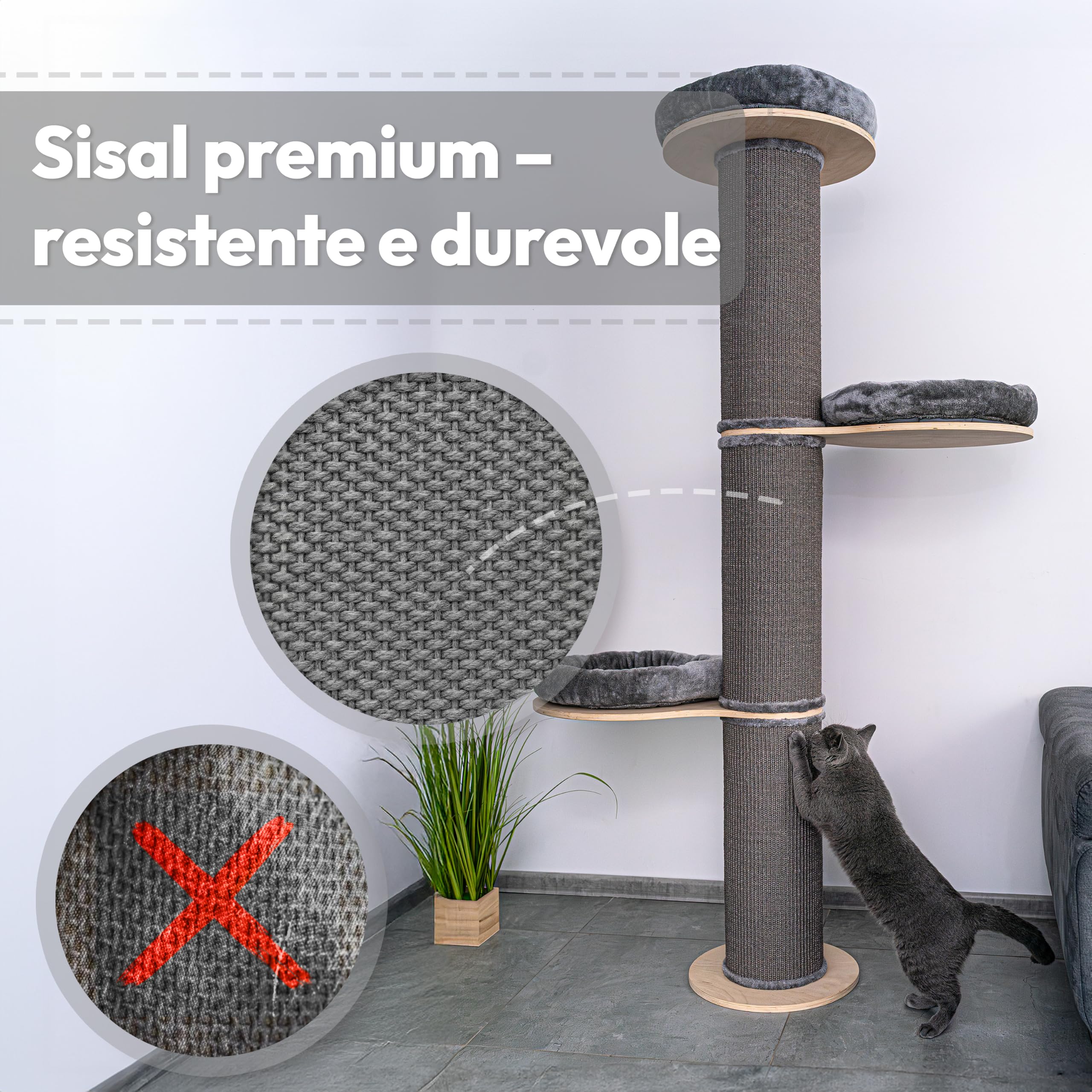 Tiragraffi per Gatti Adulti XXL 185 cm, Tappeto Premium, Grigio