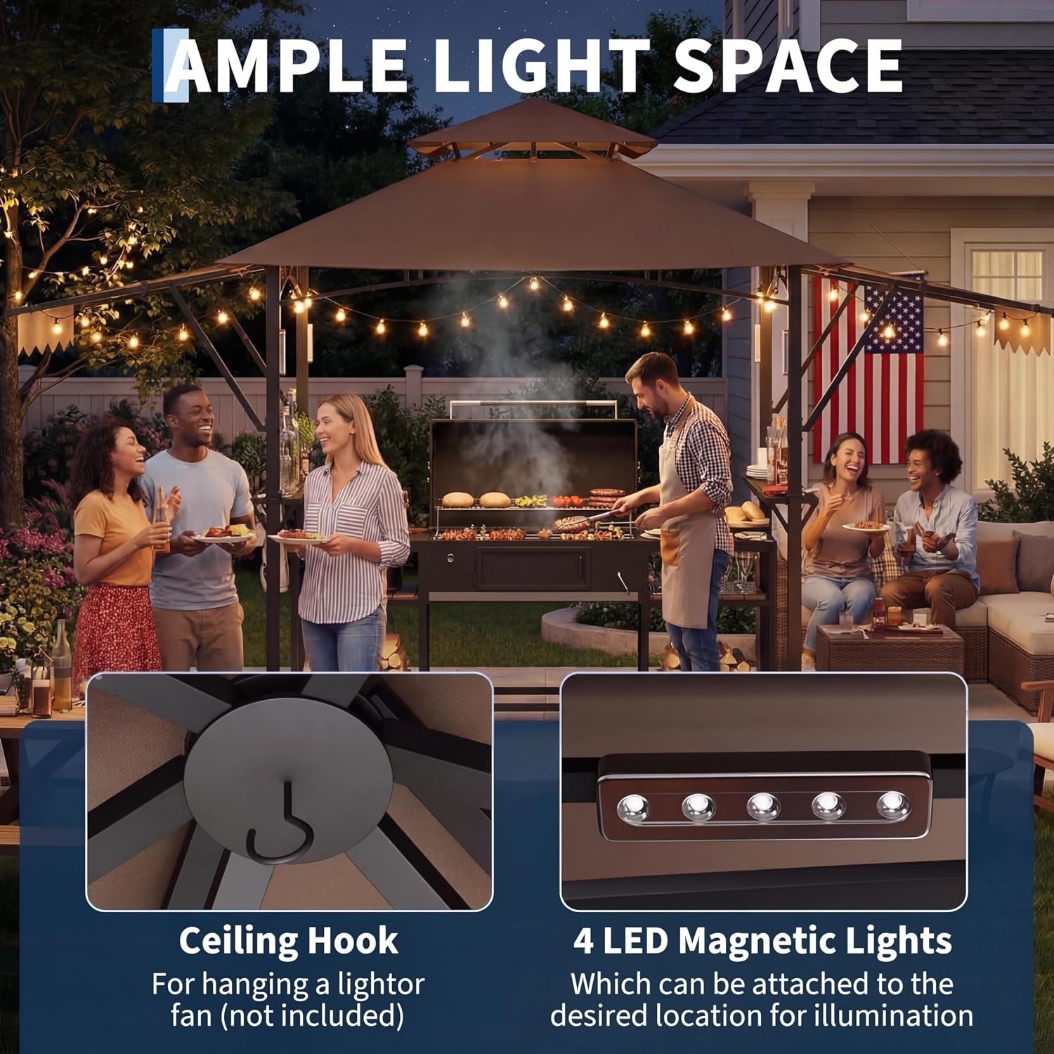 8x5 ft Grill Gazebo with Adjustable Dual Side Awnings, 2-Tier BBQ Gazebo Grill Shelter with 2 Handy Shelves, Hooks, 4 LED Lights & Ceiling Hook, Steel Frame BBQ Canopy for Backyard Garden, Brown