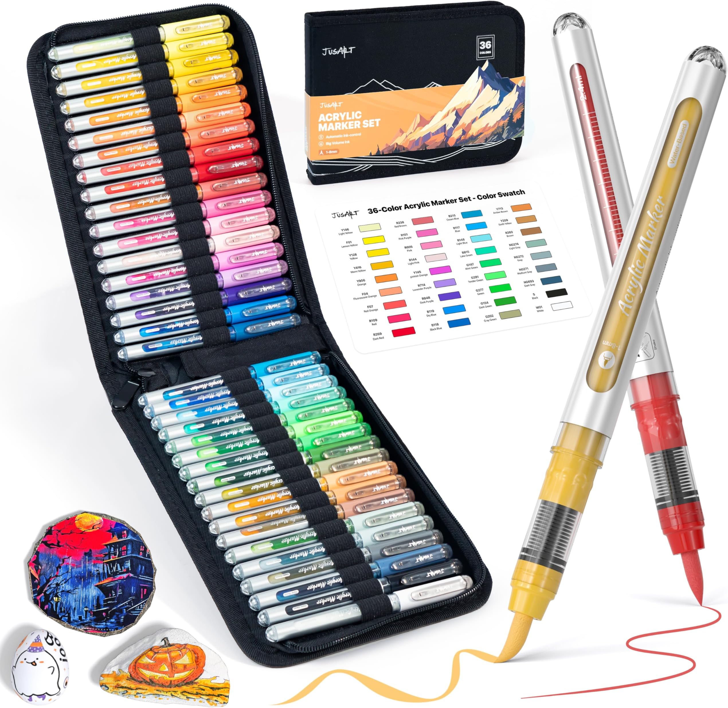 JusArt 36 Colours Acrylic Paint Markers with Canvas Bag – Water-Based No-Bleed Paint Pens with Automatic Ink Control, Waterproof Brush Markers for Rock, Wood, Fabric, Glass, Eggs & DIY Crafts