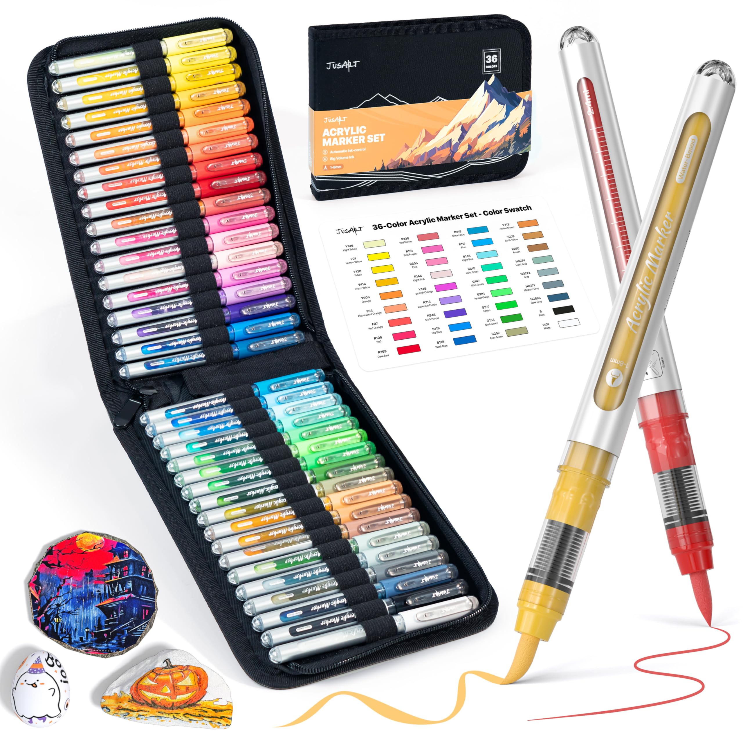 JusArt 36 Colors Acrylic Paint Markers with Canvas Bag, Water-Based Paint Pens with Automatic Ink Control for DIY Halloween Crafts, Waterproof Brush Tip Markers for Pumpkin, Rock, Wood, Fabric, Glass