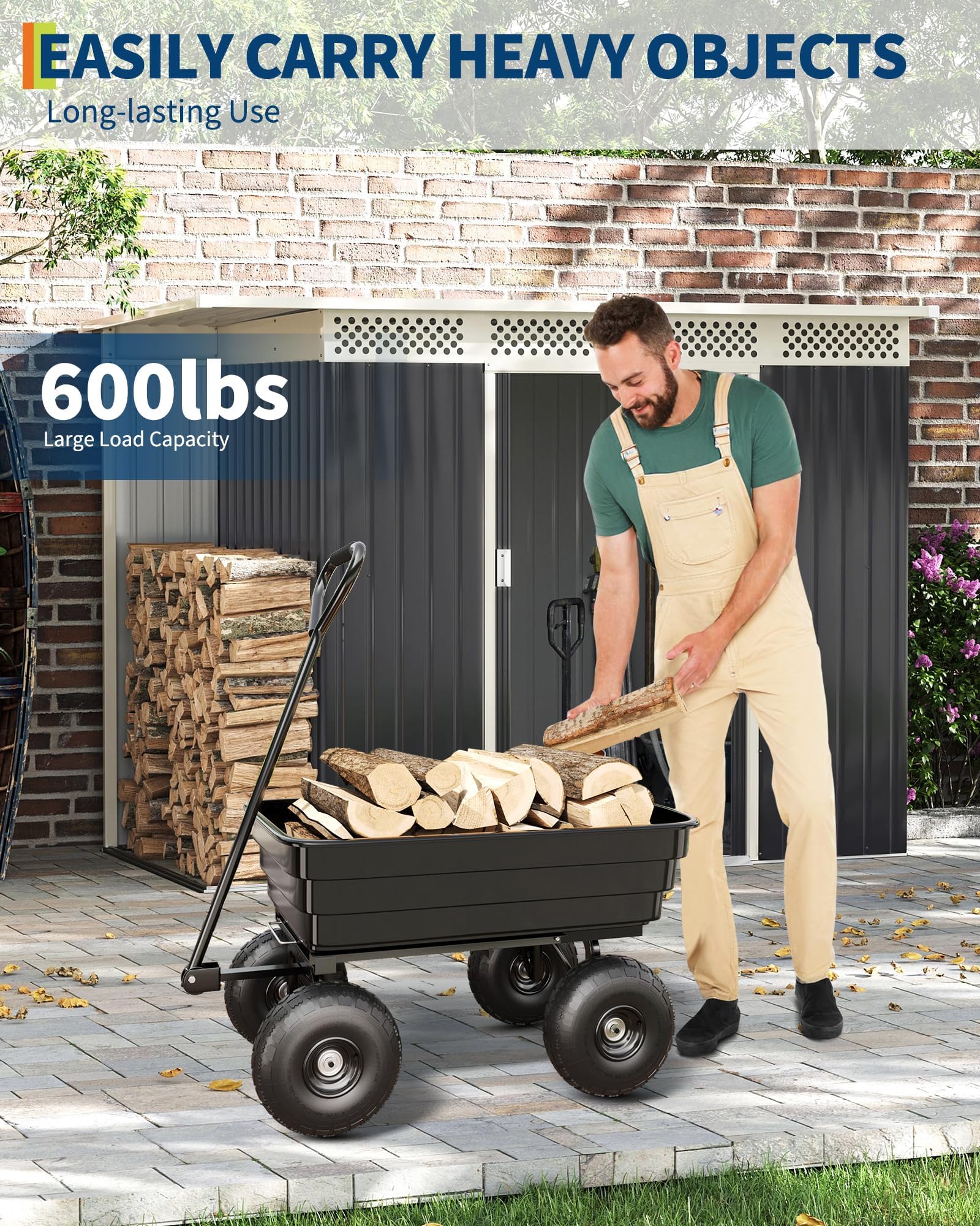 Garvee Carrello Da Giardino Ribaltabile HD 600lb 4cu ft 4 Ruote 10"