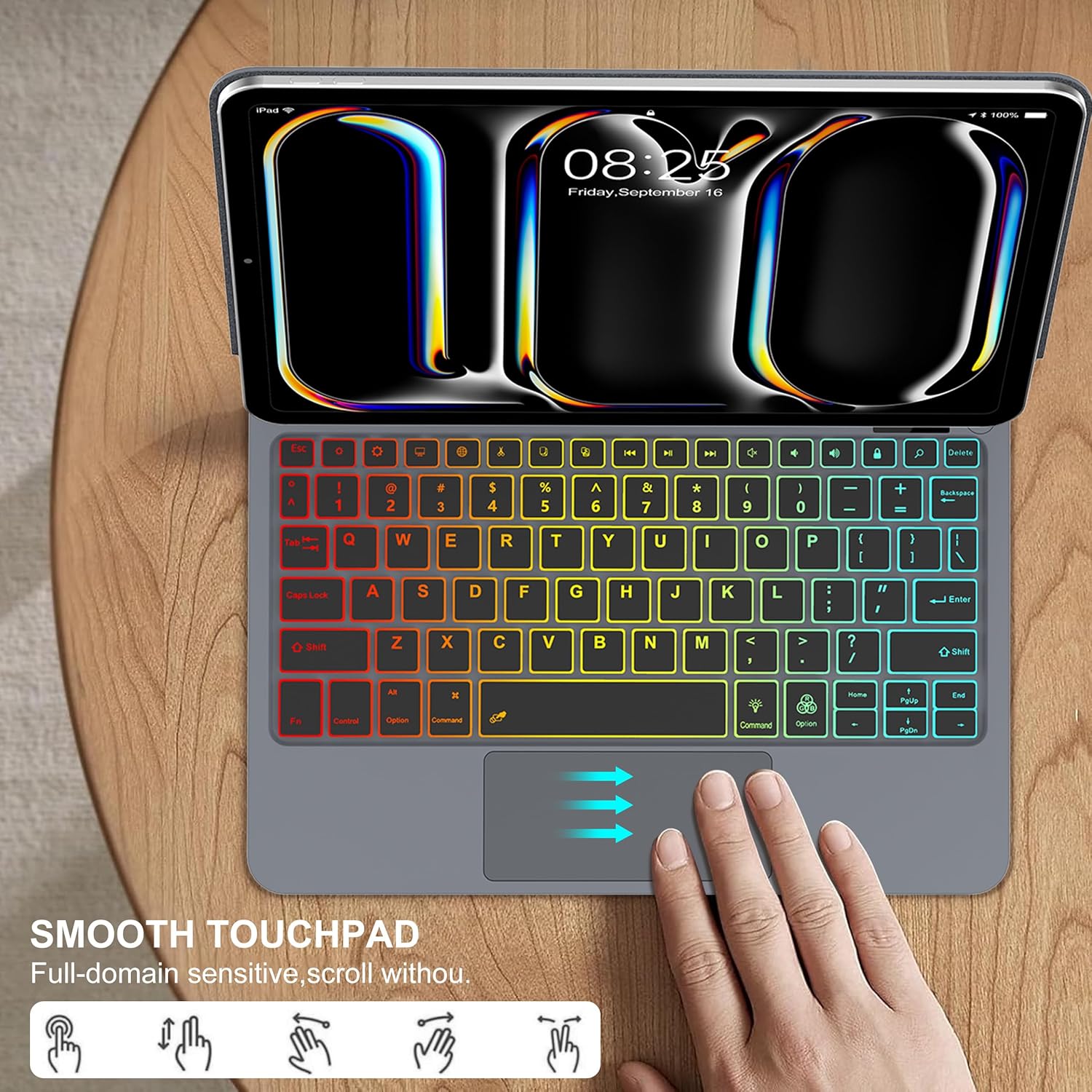 Image showing the keyboard with various devices (Android, Windows, iOS) and instructions to press 'FN' + Q/W/E to switch systems.