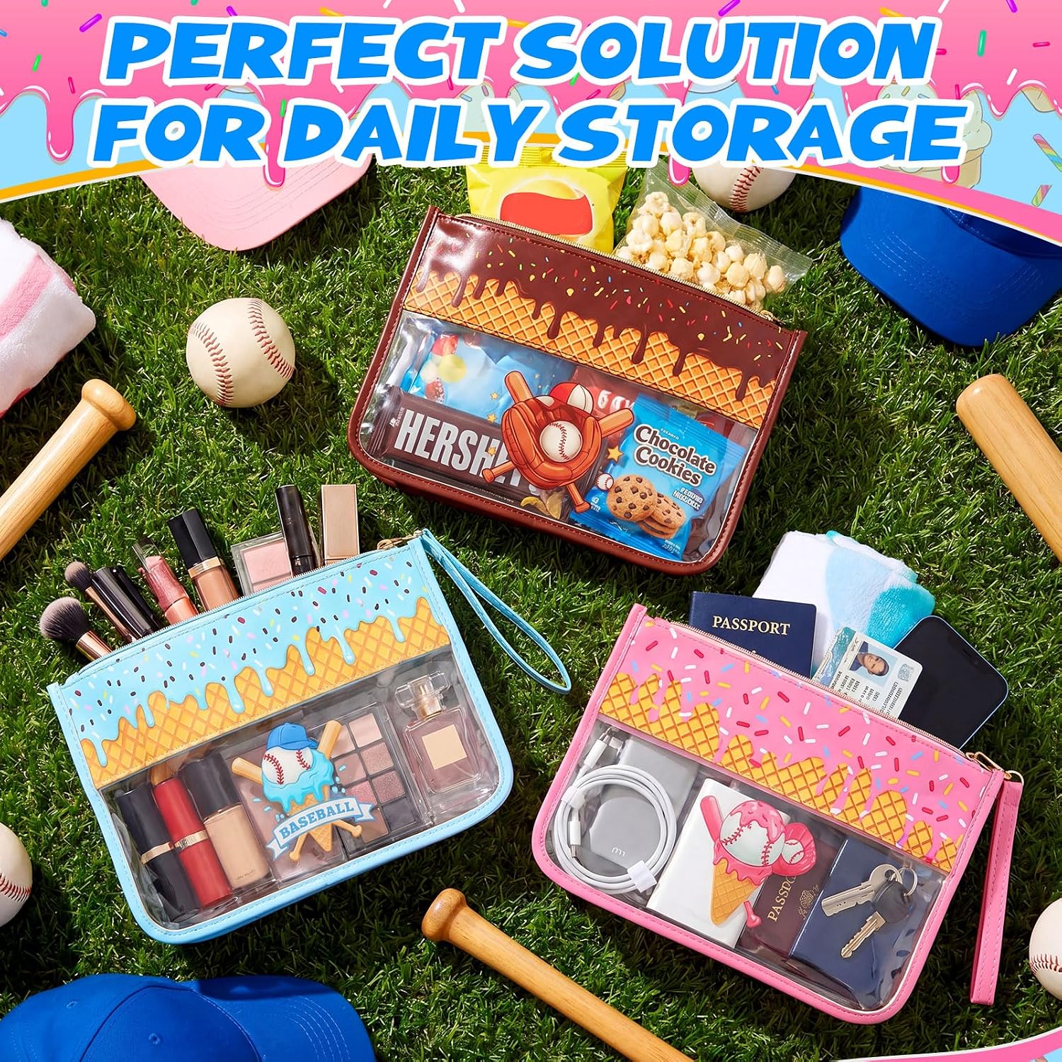 Kacctyen 3 Pcs Ice Cream Drip Baseball Cosmetic Bags Large Makeup Pouch image 2
