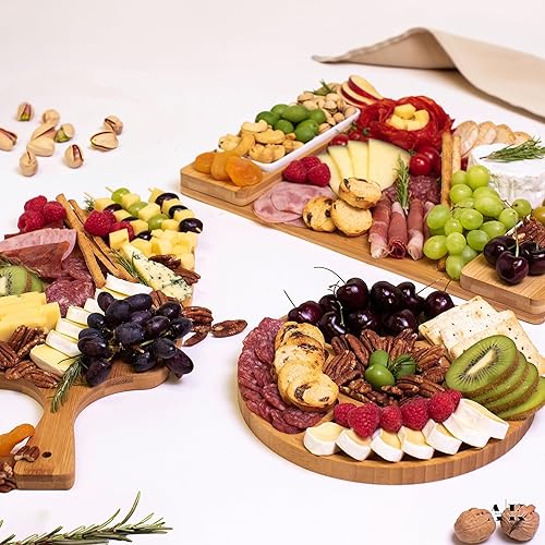 Miniatura 6 de Juego de 12 tablas de queso de bambú ecológicas  3 tablas grandes de madera para charcutería, 2 bandejas de cerámica, tenedores y abridor de vino