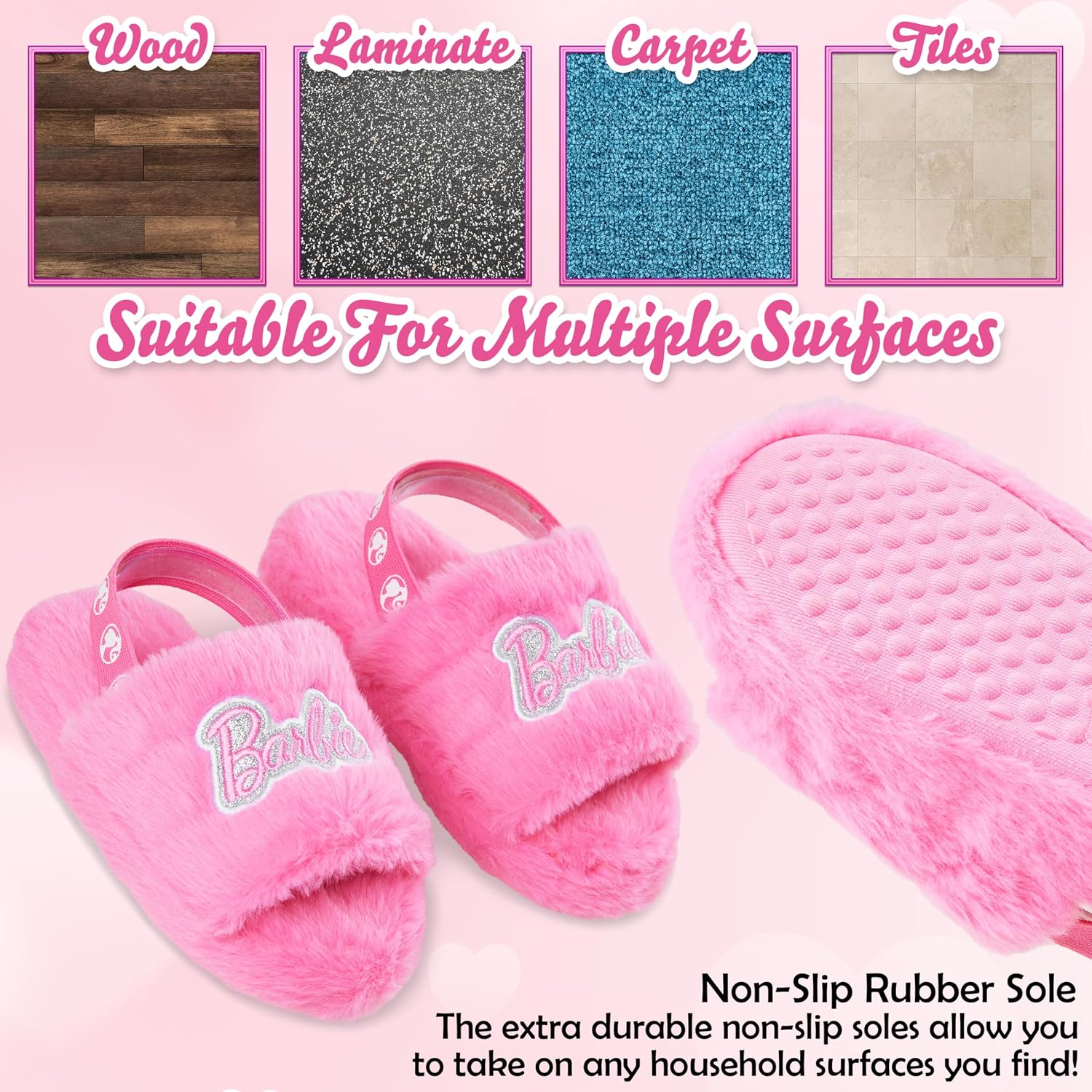 Barbie Girls Fluffy Slippers, Cozy Faux Fur House Shoes with Elastic Strap, Soft Indoor Mule Style Footwear for Home or Lounge, Gifts for Girls