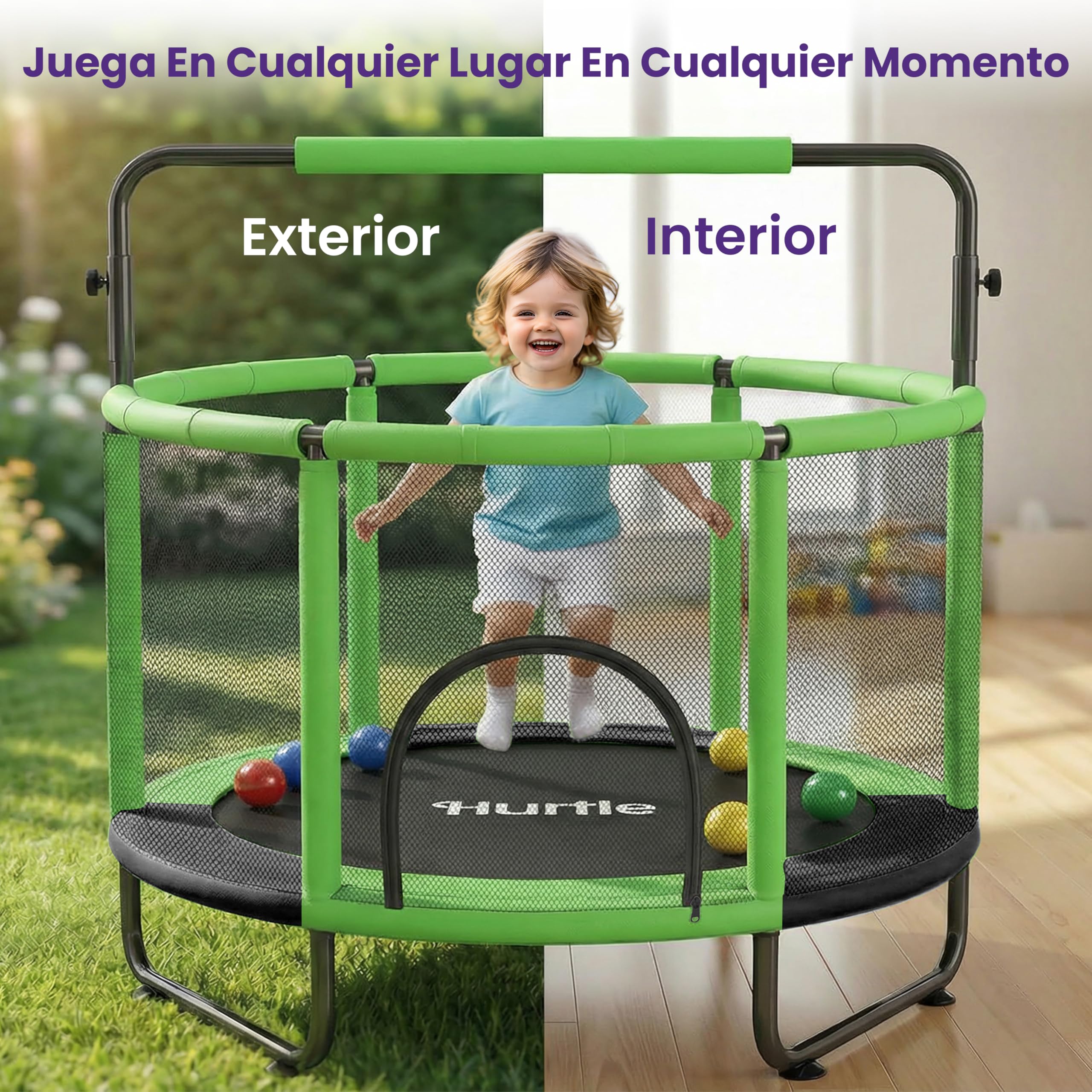 Hurtle Cama Elastica para Niños, Trampolin Infantil con Red de Seguridad, Capacidad de 199.5 kgs, Interior, Exterior, con Barra de Gimnasia Ajustable, Columpio, Saco de Boxeo y Anillos