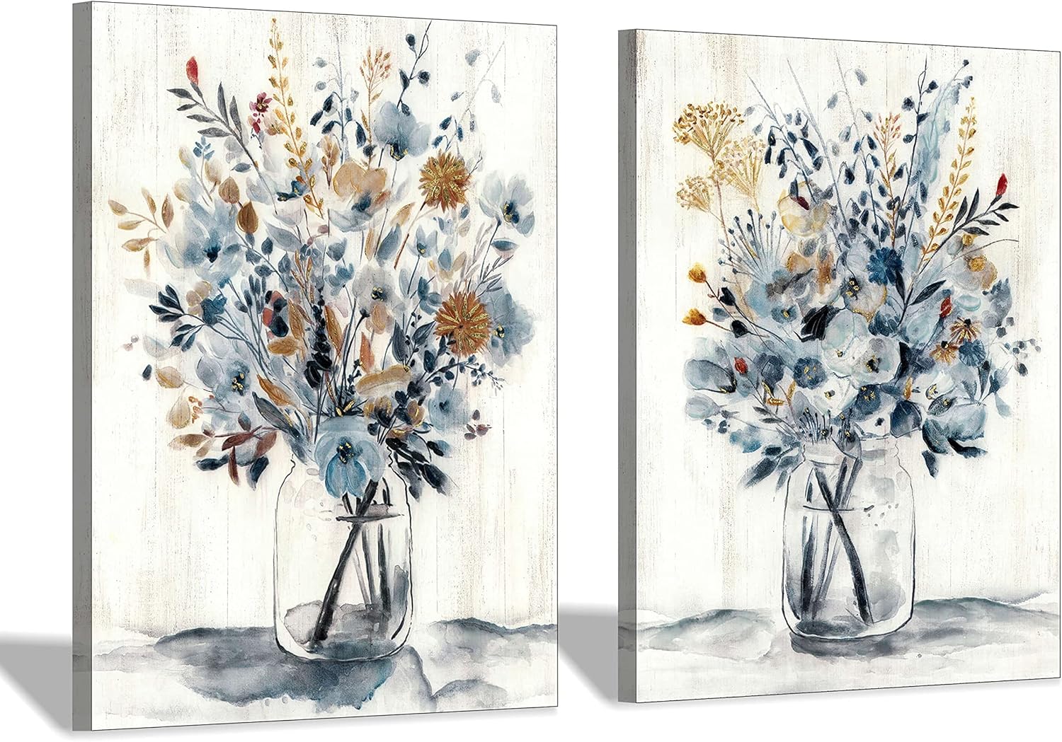 Floral Painting Canvas Wall Art: Abstract Flower Bouquet in Glass Bottle Picture Print for Dining Room (18'' x 24'' x 2 Panels) Abstract Flower Art 18" x 24" x 2 Panels
