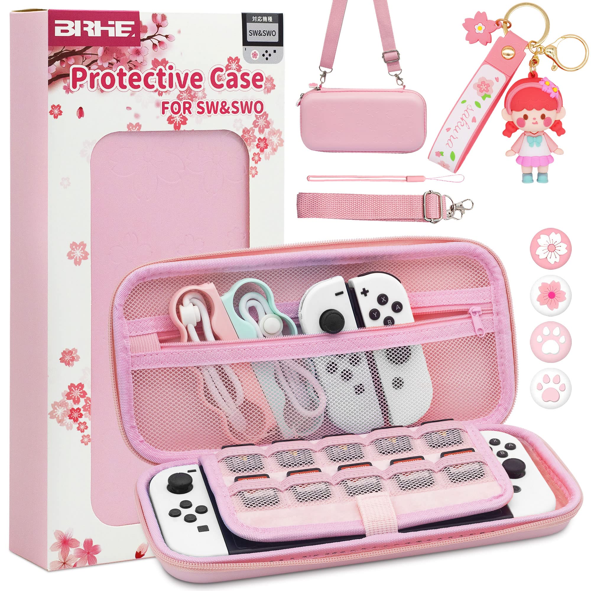 BRHEBRHE Cute Switch Carrying Case for Nintendo Switch/Switch OLED (2021) Travel Carry Bundle Hard Portable Protective Accessories Kit with Thumb Grip Caps and Cherry Blossoms Girl Keychain Pink
