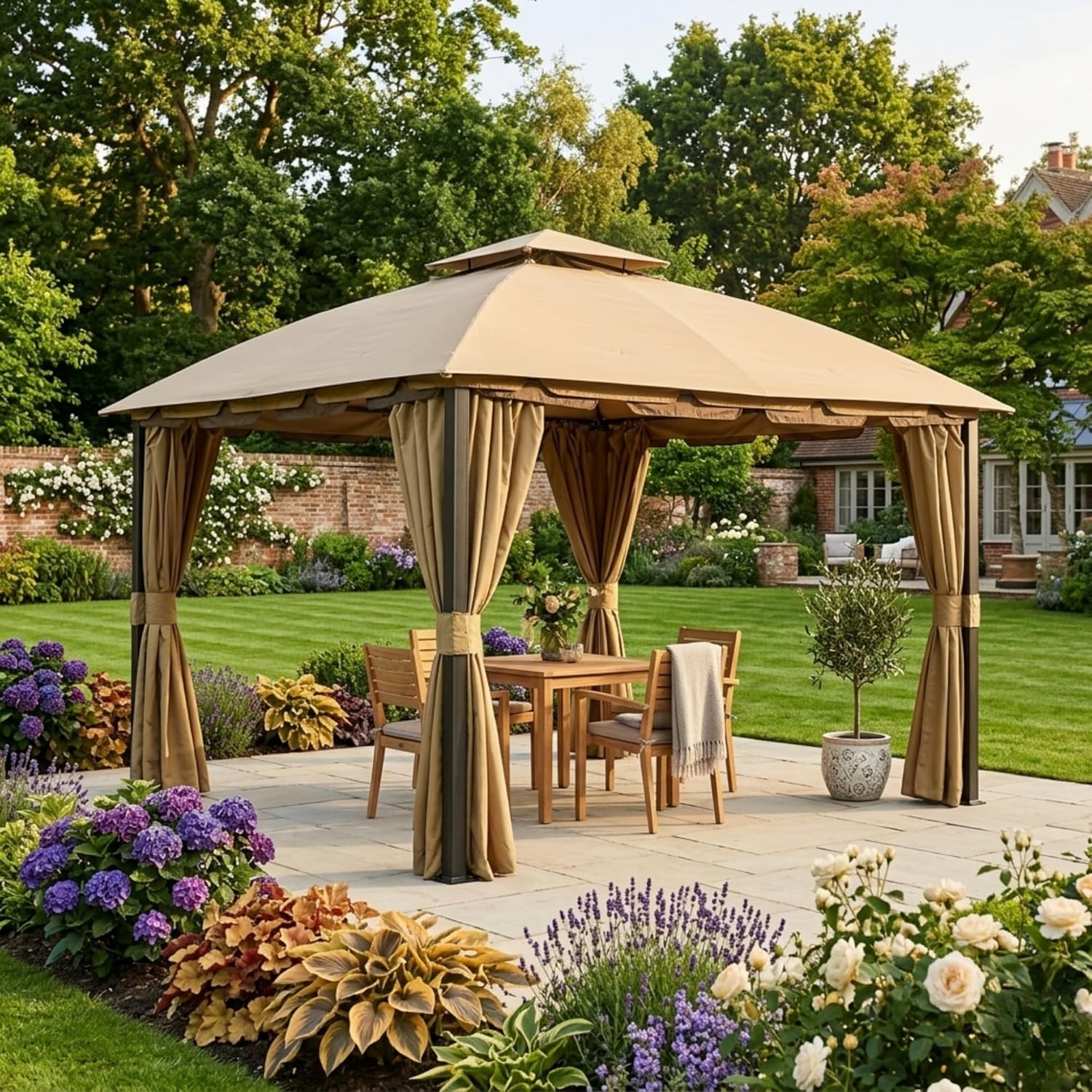 Garden Winds Durable 350 Replacement Privacy Curtain Set Compatible with South Hampton 11’ x 13’ Gazebo Models L-GZ215PST-A, L-GZ659PST – Beige