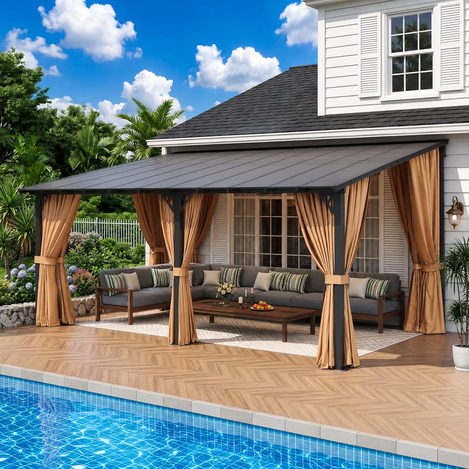 Aoxun 10'x20' Lean to Gazebo with Mosquito Net and Curtains, Aluminum Frame, Polycarbonate Panel, Wall Mounted Pergola with Sloped Roof for Backyard, Porch, Deck