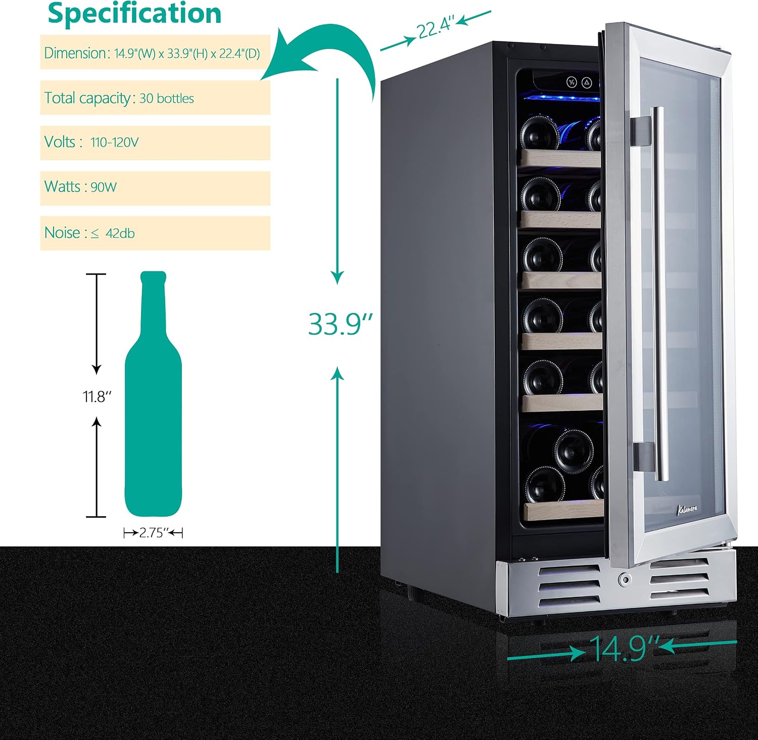 Kalamera Mini Fridge 15" Wine Cooler Refrigerator - 30 Bottle Wine Fridge with Stainless Steel Refrigerator& Double-Layer Tempered Glass Door and Temperature Memory Function Built-in or Freestanding