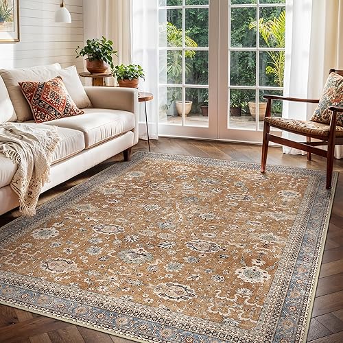 GENIMO 8x10 Area Rugs for Living Room, Machine Washable Rug Non Slip, Boho Vintage Distressed Chenille Print Carpet, Low Pile Thin Lightweight Rugs for Bedroom, Dining Room, Home, Office, Orange