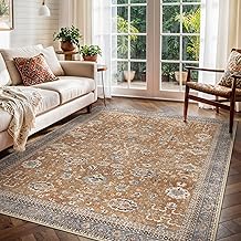 GENIMO 8x10 Area Rugs for Living Room, Machine Washable Rug Non Slip, Boho Vintage Distressed Chenille Print Carpet, Low Pile Thin Lightweight Rugs for Bedroom, Dining Room, Home, Office, Orange