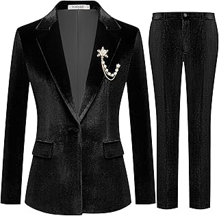 Women's 2 Piece Velvet Suit Notch Lapel One Button Slim Fit Business Party Wedding Tuxedo Blazer Pants Set