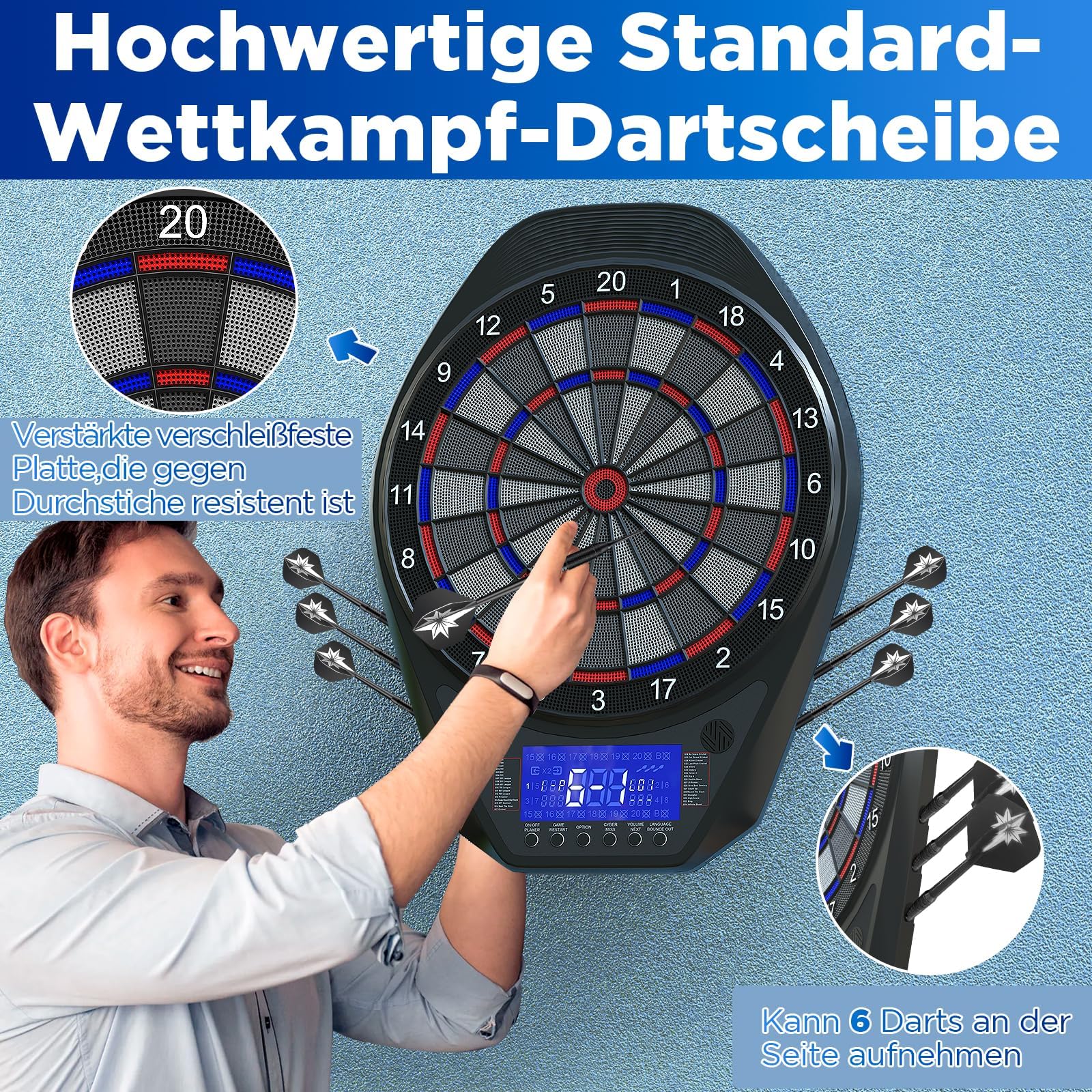 Dartscheibe Elektronisch mit LED-Lichtmodi, Automatische Punktzählung LCD, 34 Spiele & 72 Varianten, Soft/Steeldart geeignet, Komplettset mit 12 Pfeilen + 100 Ersatzspitzen, Type-C Aufladung