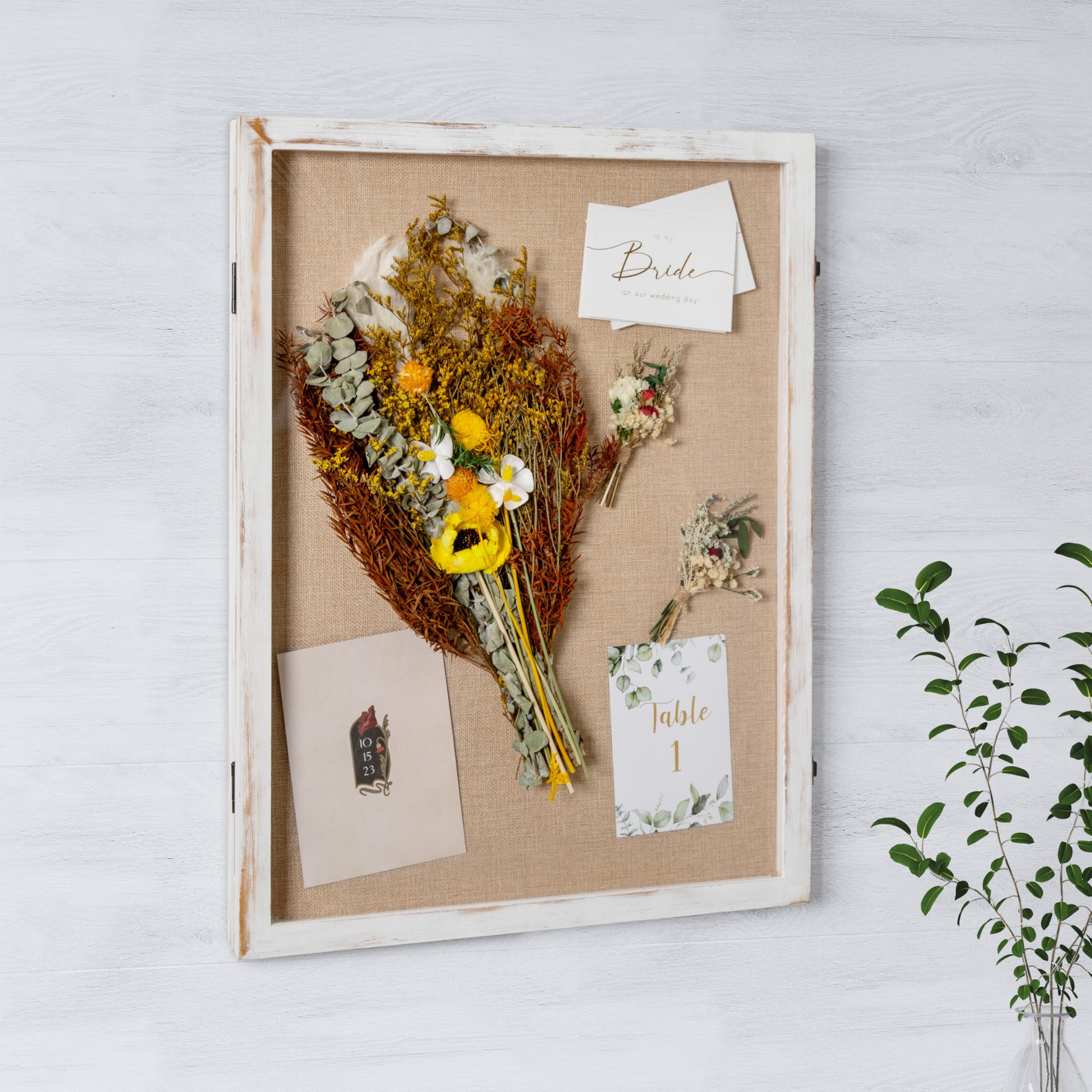 EMMA + OLIVER Presley Wooden Shadow Box Frame with Linen Liner, Solid Pine Display Case, Powder Coated Latch and Hinges, 8 Push Pins, 18 x 24,