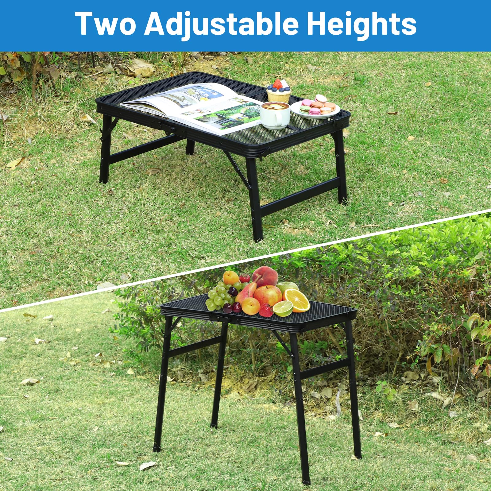 LALAGO 60x40cm Tavolo da Campeggio Altezza Regolabile 27/56cm, Piccolo Tavolo Bar Pieghevole con Scrivania in Rete, Tavolo Multifunzionale Portatile, Tavolo Sfondo Alluminio Nero per Giardino Picnic