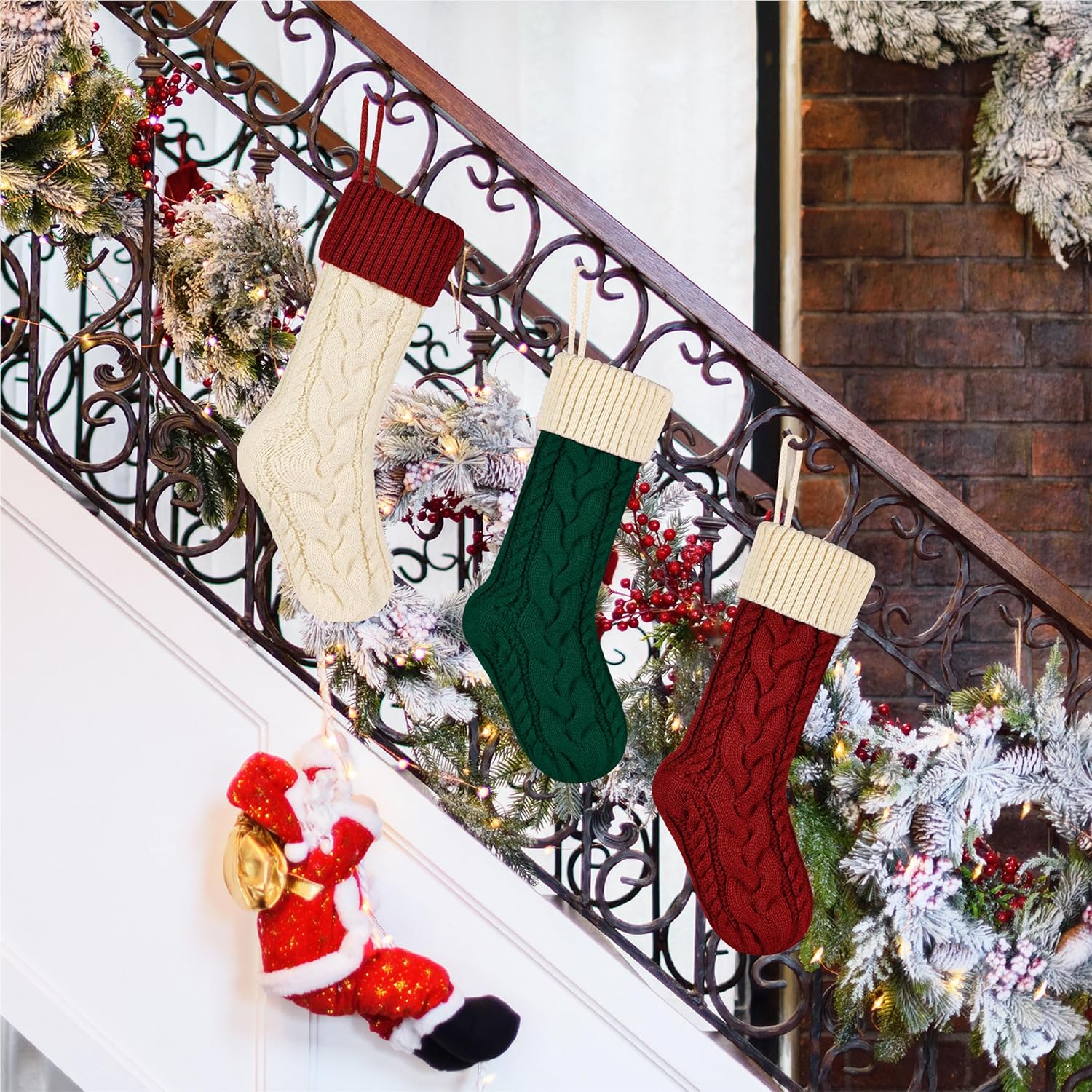 Mr. Pen- Christmas Stockings, 3 Pack, Cable Knit Stockings for Christmas, Cable Knit Christmas Stocking for Christmas, Large Stockings Christmas, Knit Stockings Christmas, Red, Cream & Green