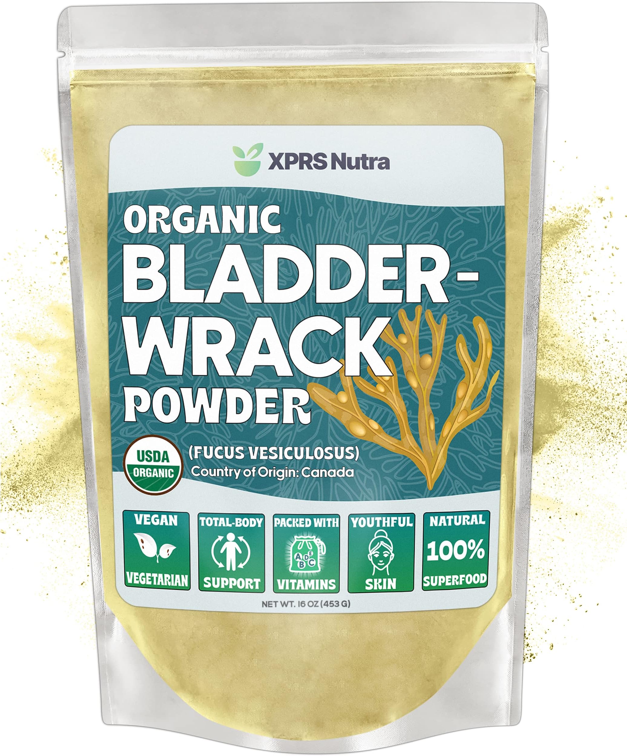 Organic Bladderwrack Powder (Fucus Vesiculosus) - Premium Bladderwrack Organic Powder for Glowing Skin - Vegan Friendly Bladderwrack Herb Iodine Supplement (16 Ounce)