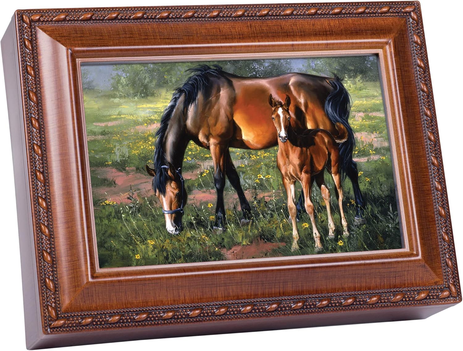 Cottage Garden Horses Brown Mare Black Mane Colt Woodgrain Rope Trim Music Box Plays Wonderful World