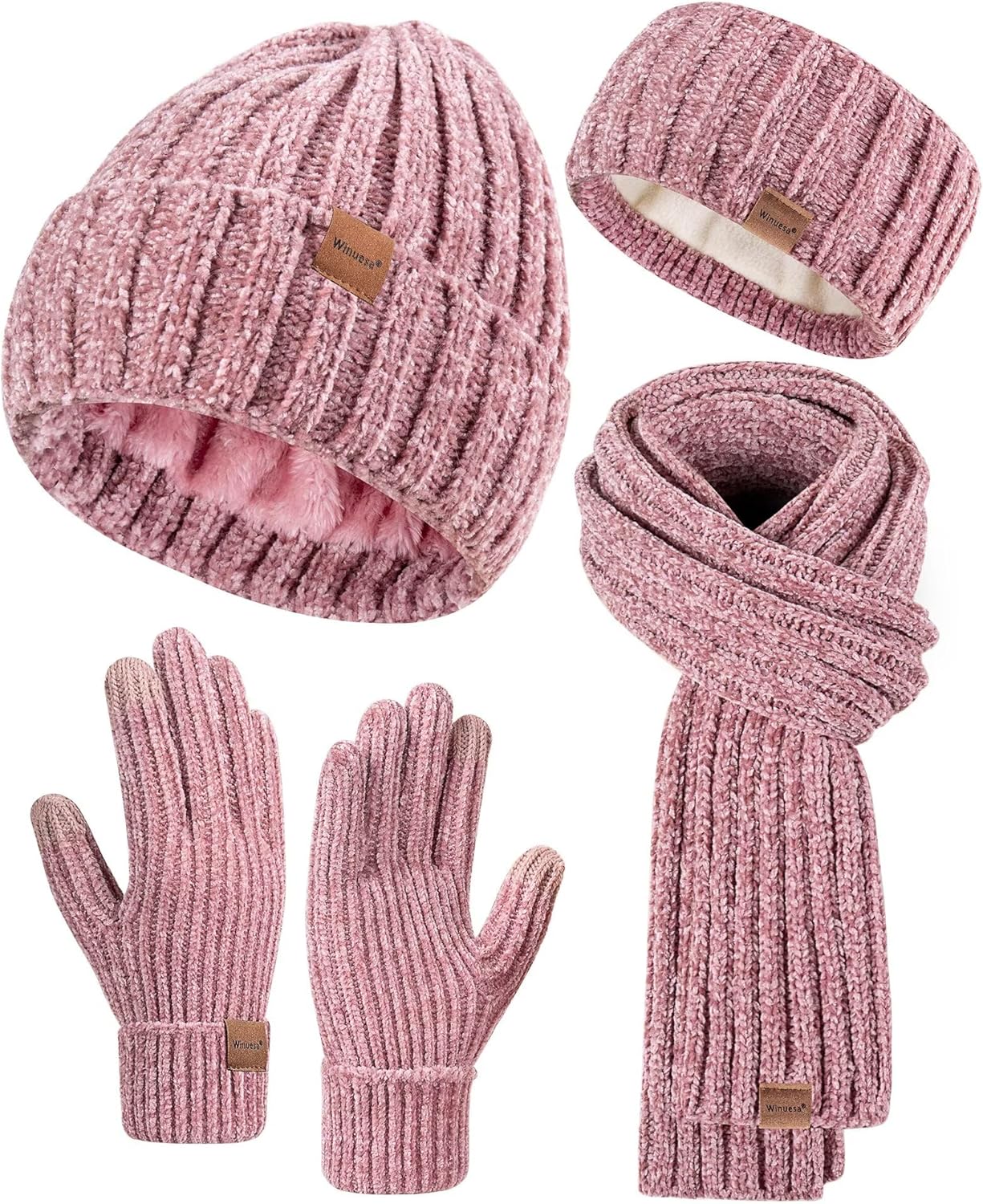 Women Beanie Scarf Gloves Headband Set, Chenille Winter Hats Fleece Lined Ear Warmer Knit Scarf Touchscreen Gloves 4 Gift Set