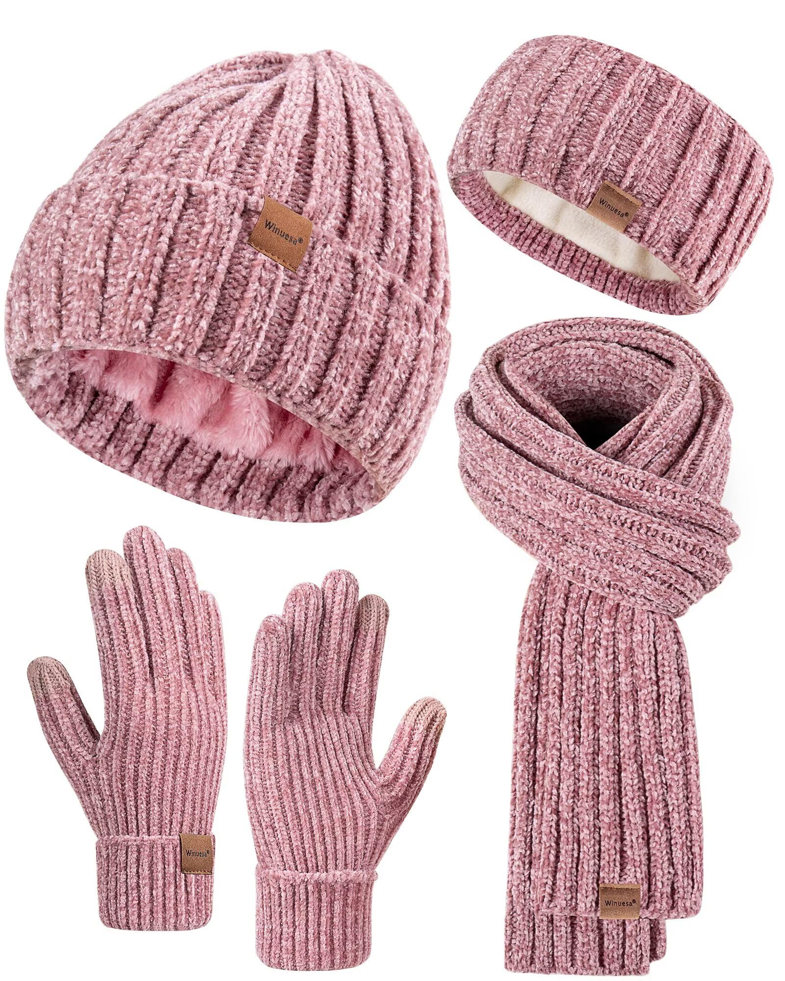 Damen-Beanie-Schal, Handschuhe, Stirnband-Set, Chenille, Wintermützen, Fleece-gefüttert, Ohrwärmer, Strickschal, Touchscreen-Handschuhe, 4 Geschenk-Set, Pink, Einheitsgröße