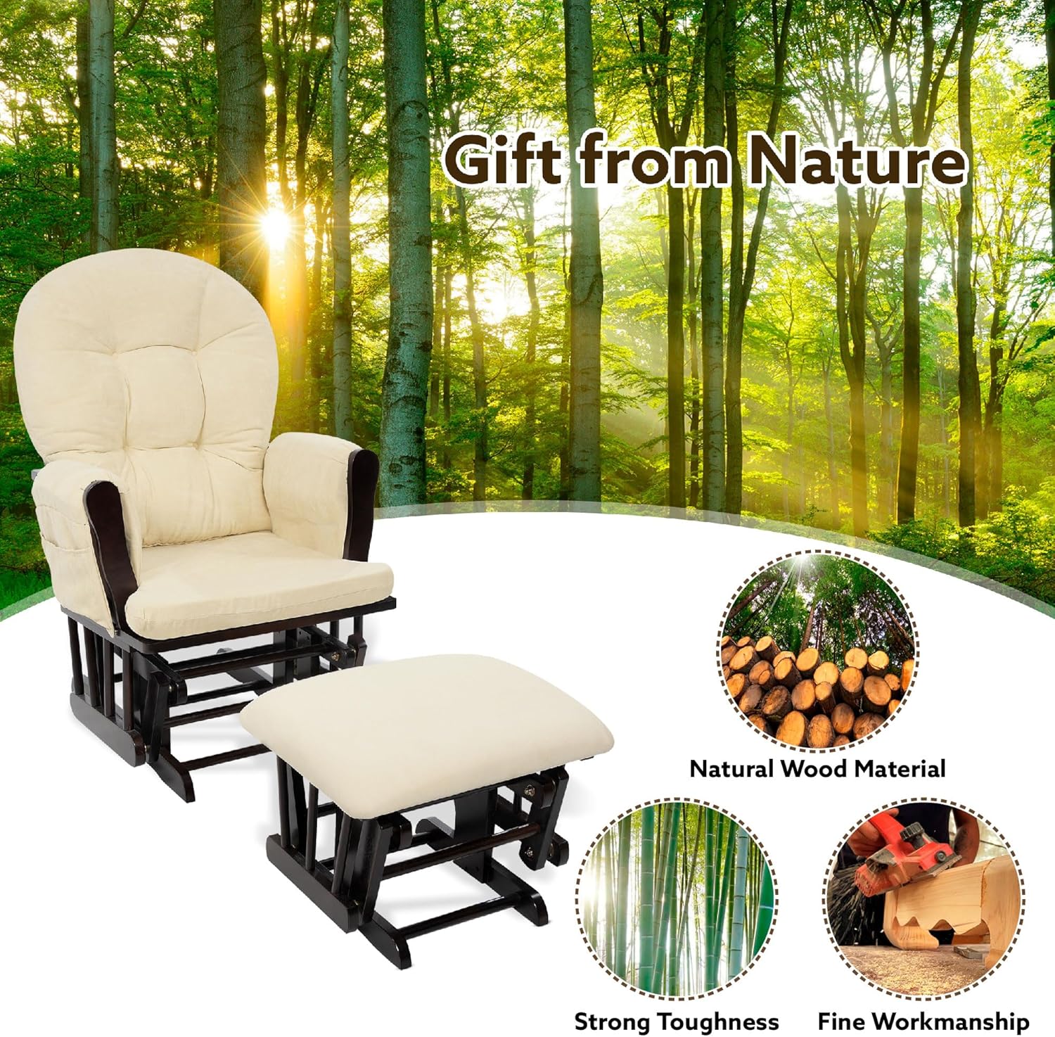 Naomi Home Baby Rocking Chair for Nursery with Ottoman – Smooth & Quiet Glider Chair, High Back Support & Padded Arms for Feeding, Rocking Baby Nursery Furniture – Easy Assembly, Removable Cushions