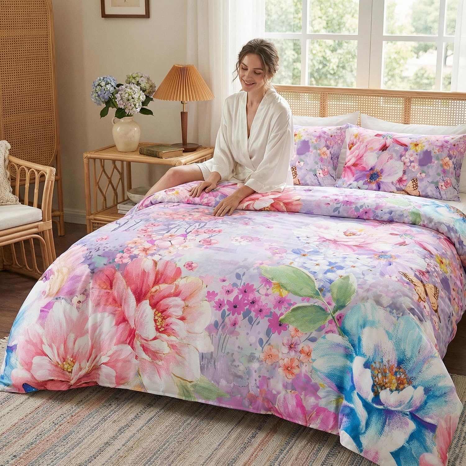 YIYEA Floral Duvet Cover Queen Size, Premium Double Brushed Microfiber Duvet Cover Set with Pillow Cases for All Season, Zipper Closure, 8 Corner Ties, Comforter Not Included, 3PC, Queen