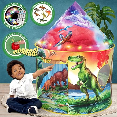 W&O Dinosaur Discovery - Tienda de campaña para niños con luces LED, botón de rugido y 6 juguetes de dinosaurio, una extraordinaria tienda de
